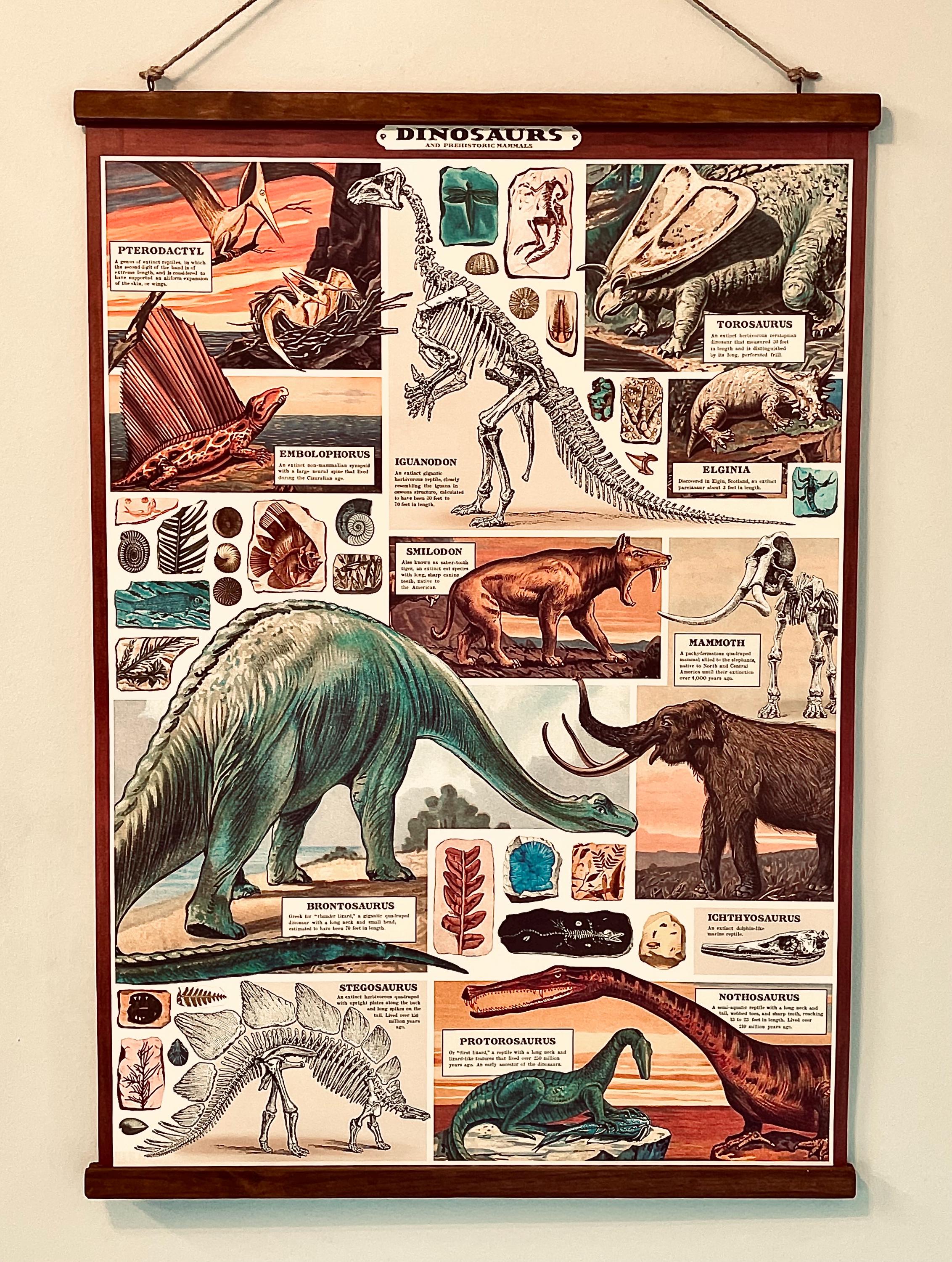 Vintage Style Dinosaur Poster- Cavalli and Co. Art Print with Handcrafted Wood Stretcher Bars