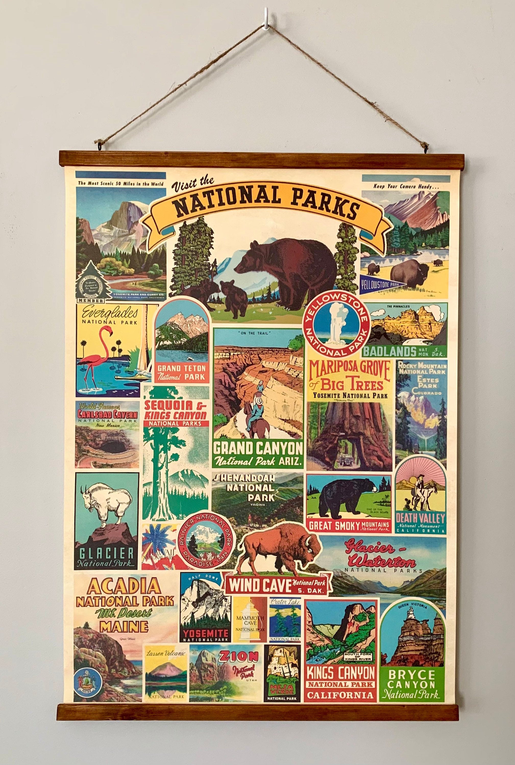 National Parks Vintage Style Poster with Handcrafted Wood Stretcher Bars