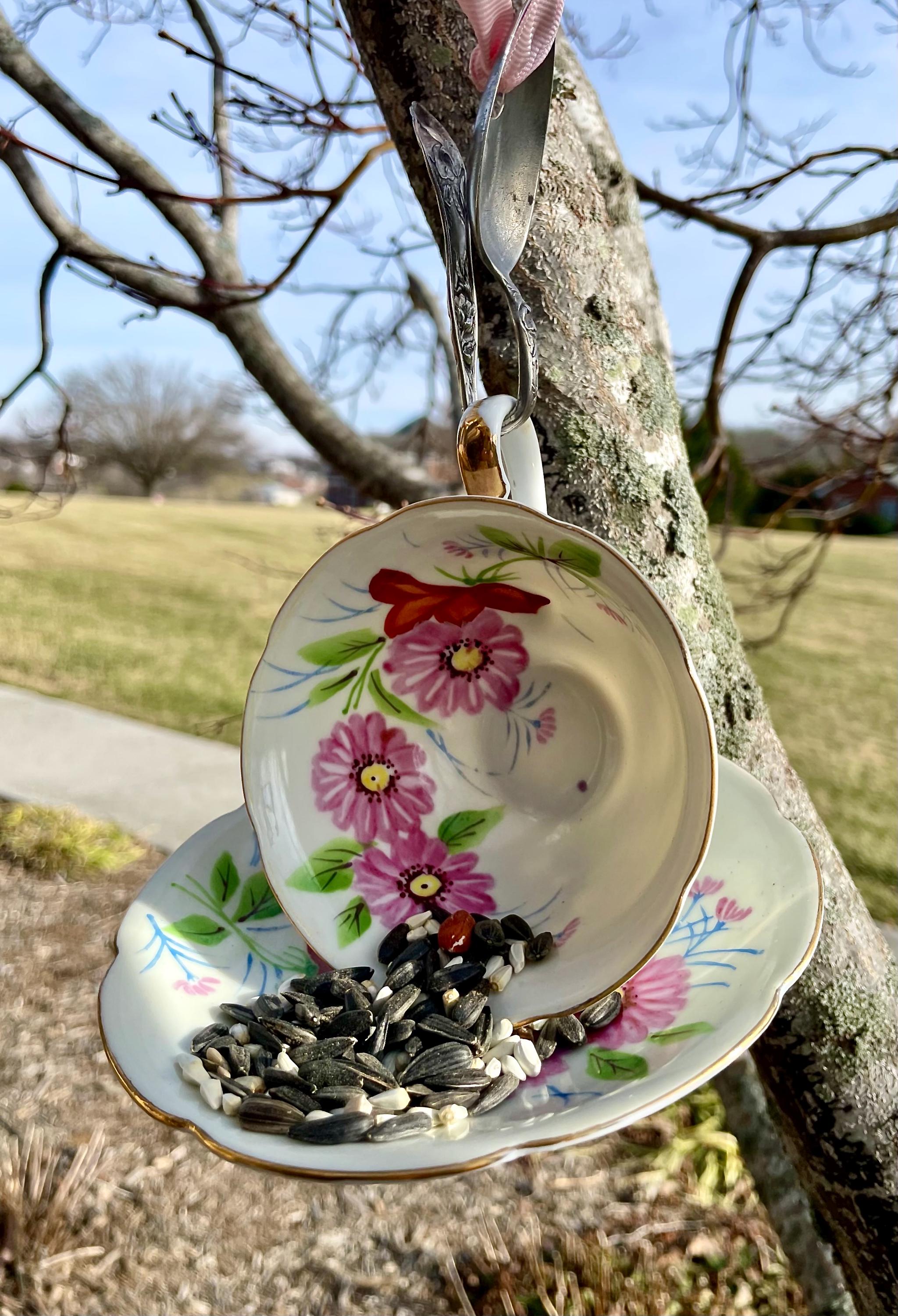 Teacup Bird Feeder with Vintage Bent Spoon Hanger (Repurposed)