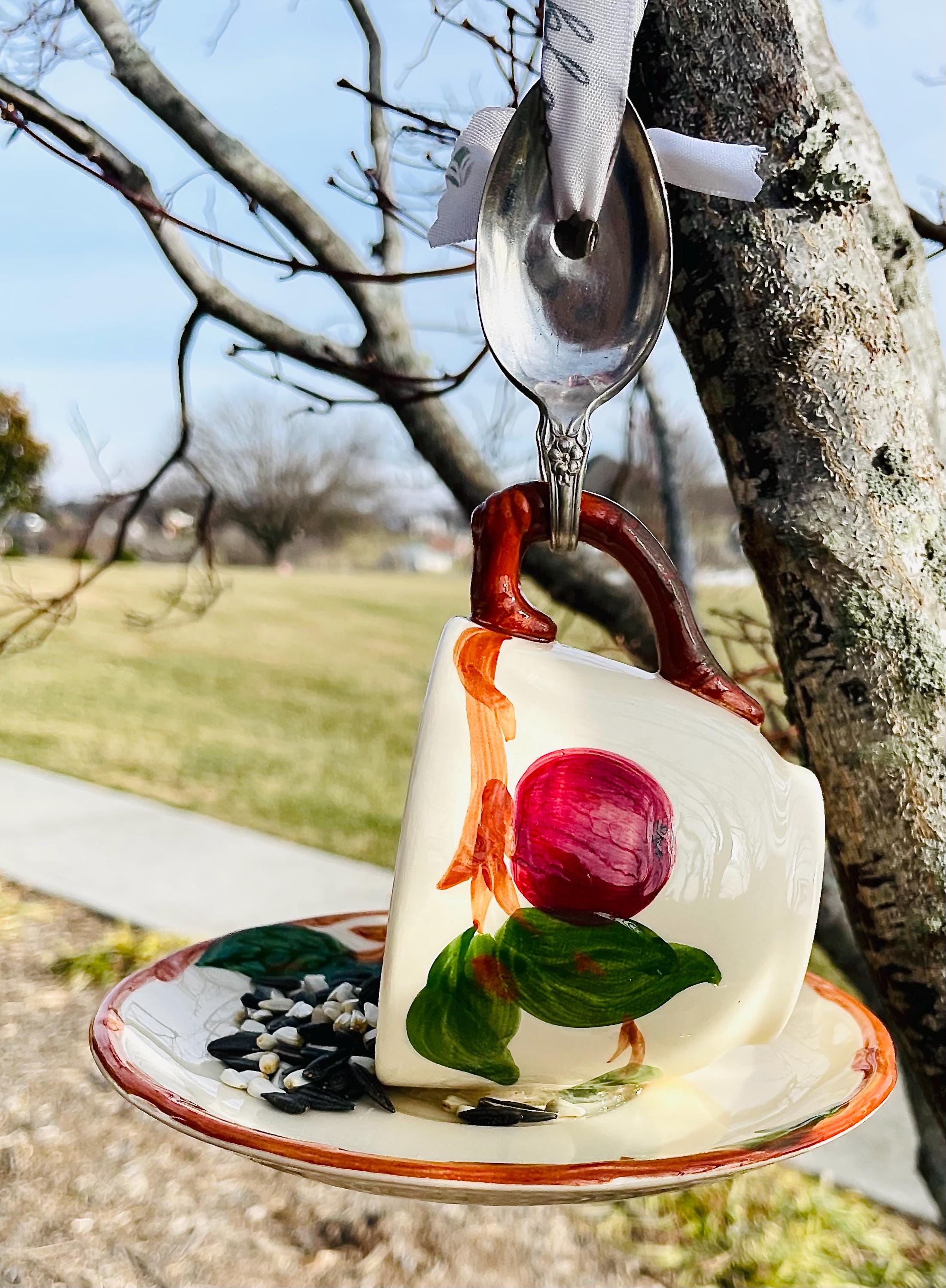 Vintage Teacup Bird Feeder with Bent Spoon Hanger (Repurposed)