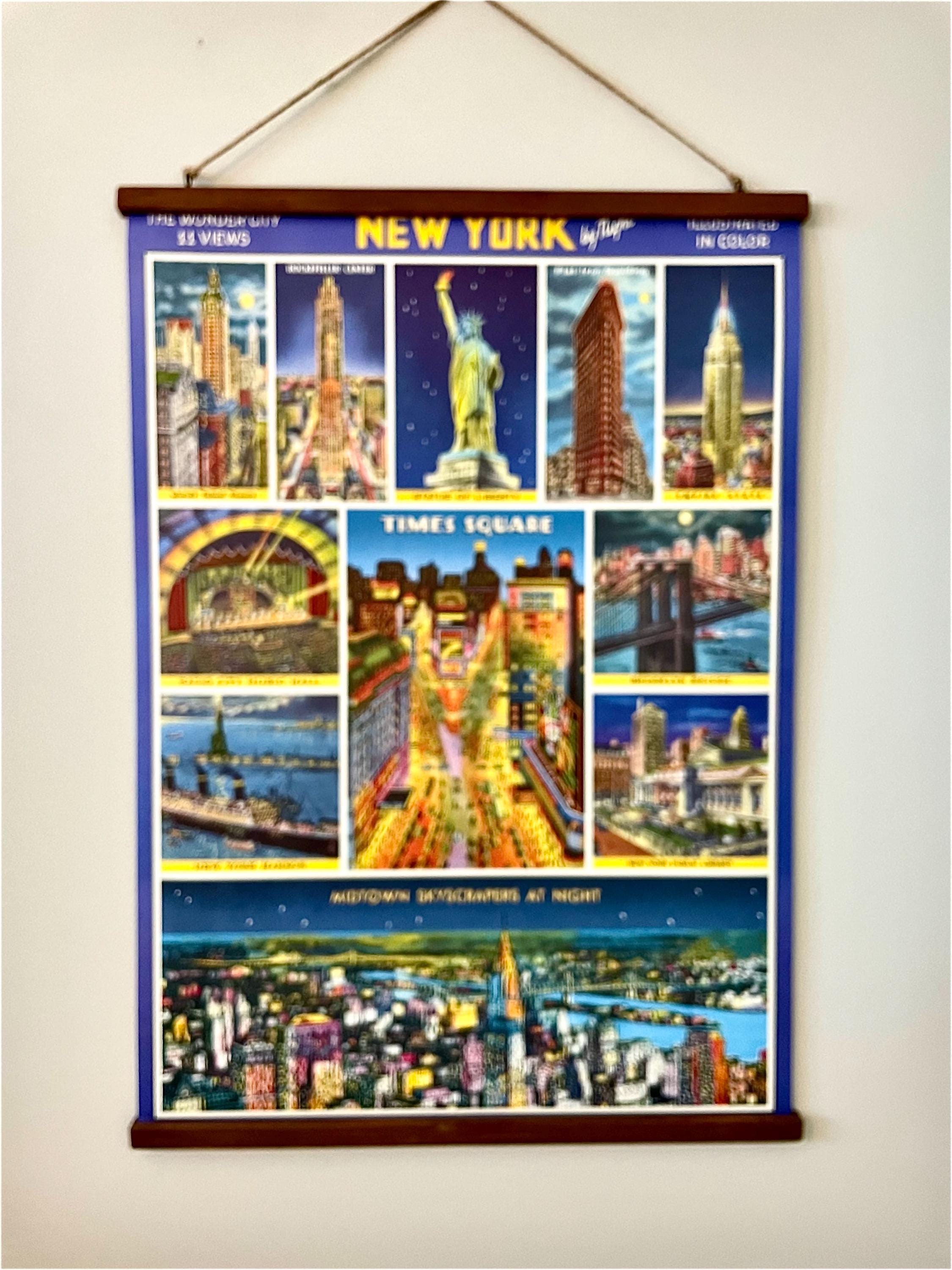 New York City by Night- Vintage Style Poster with Handcrafted Wood Stretcher Bars