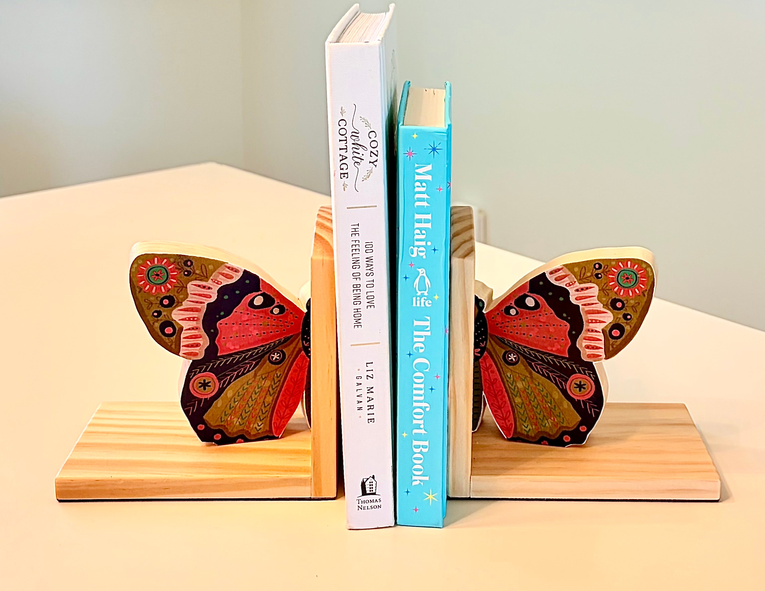 Orange Butterfly Book Ends- Handcrafted Wood and Paper