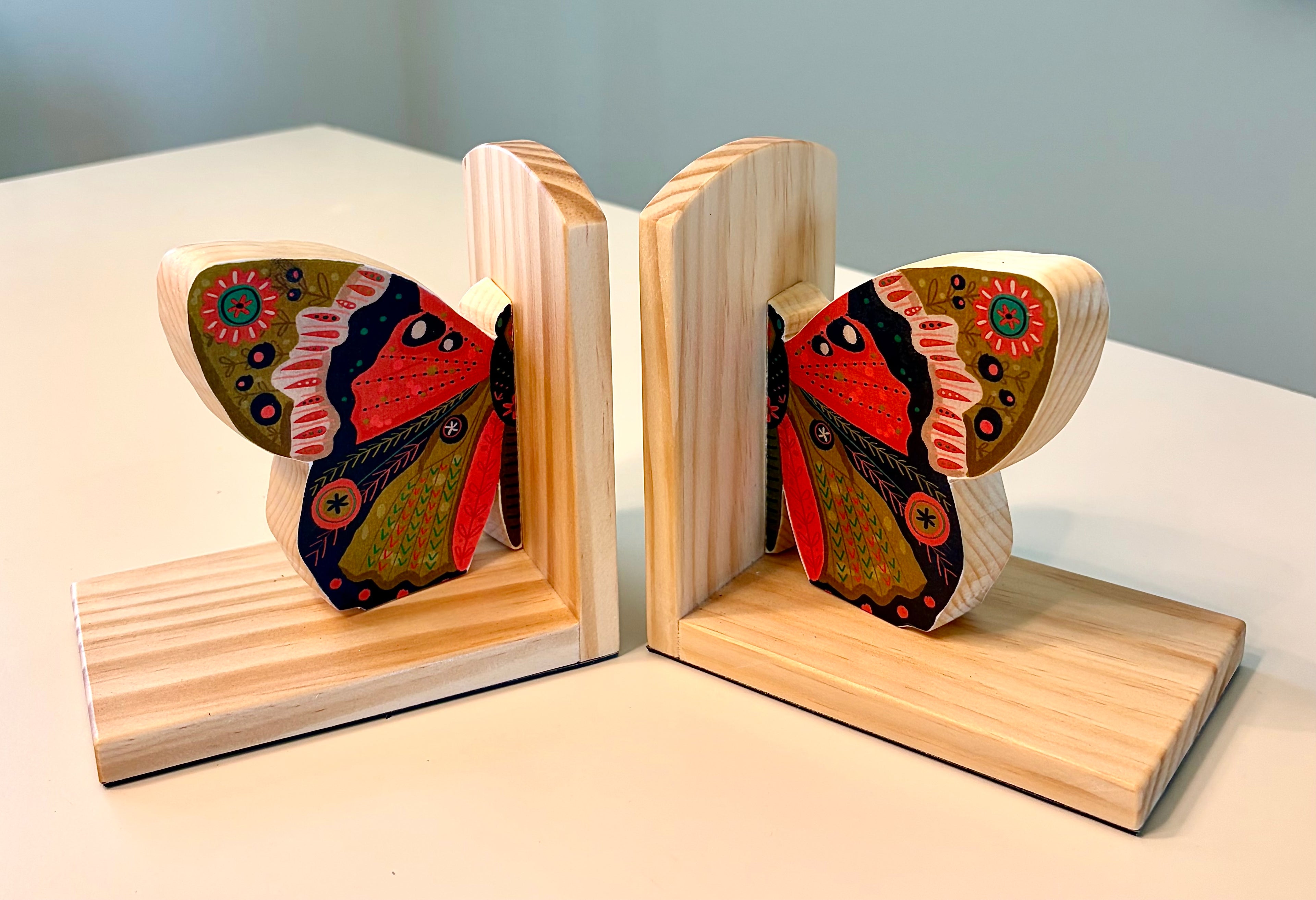 Orange Butterfly Book Ends- Handcrafted Wood and Paper