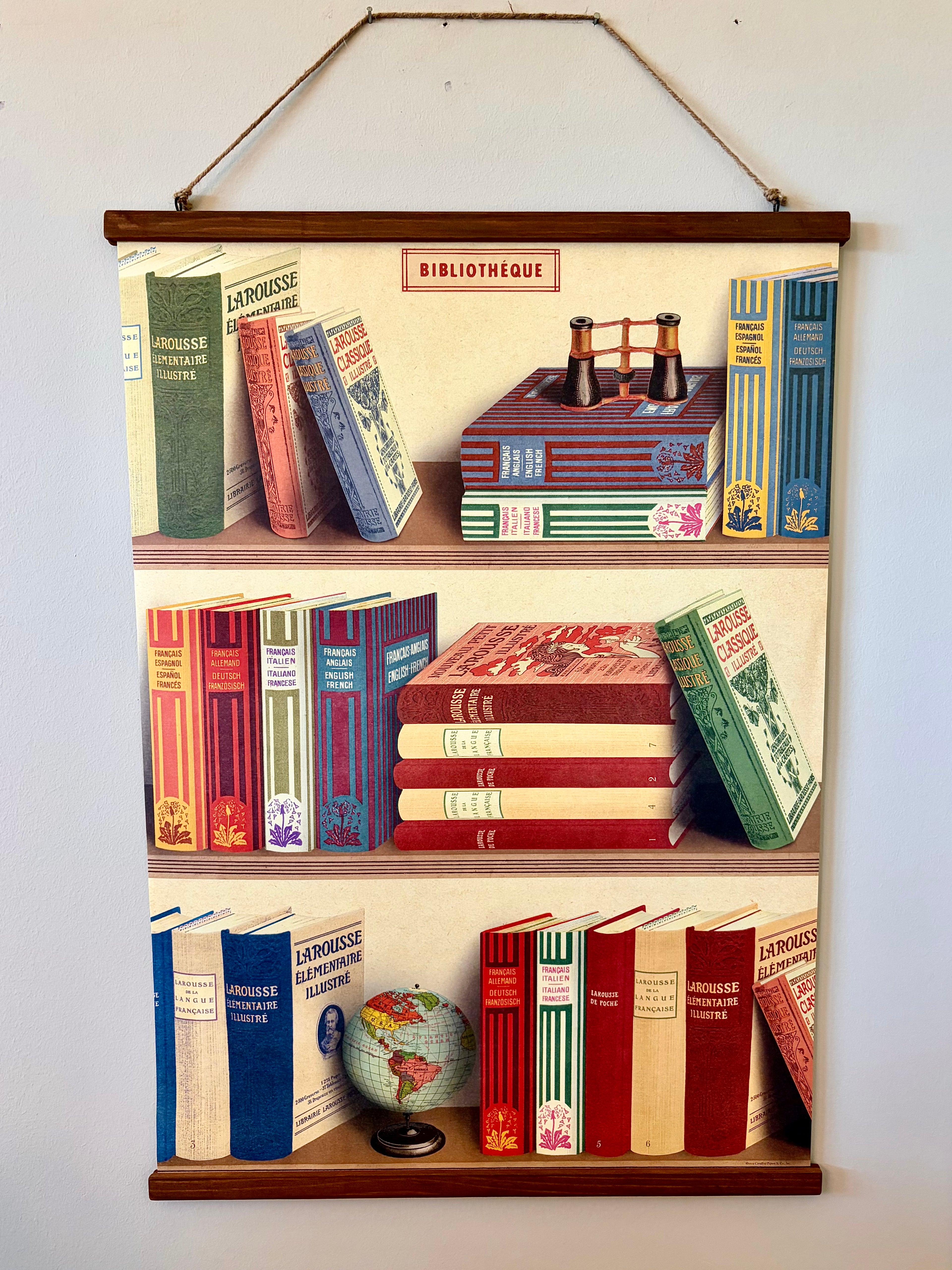 Bibliothèque (Library) - Vintage Style Poster with Handcrafted Wood Stretcher Bars