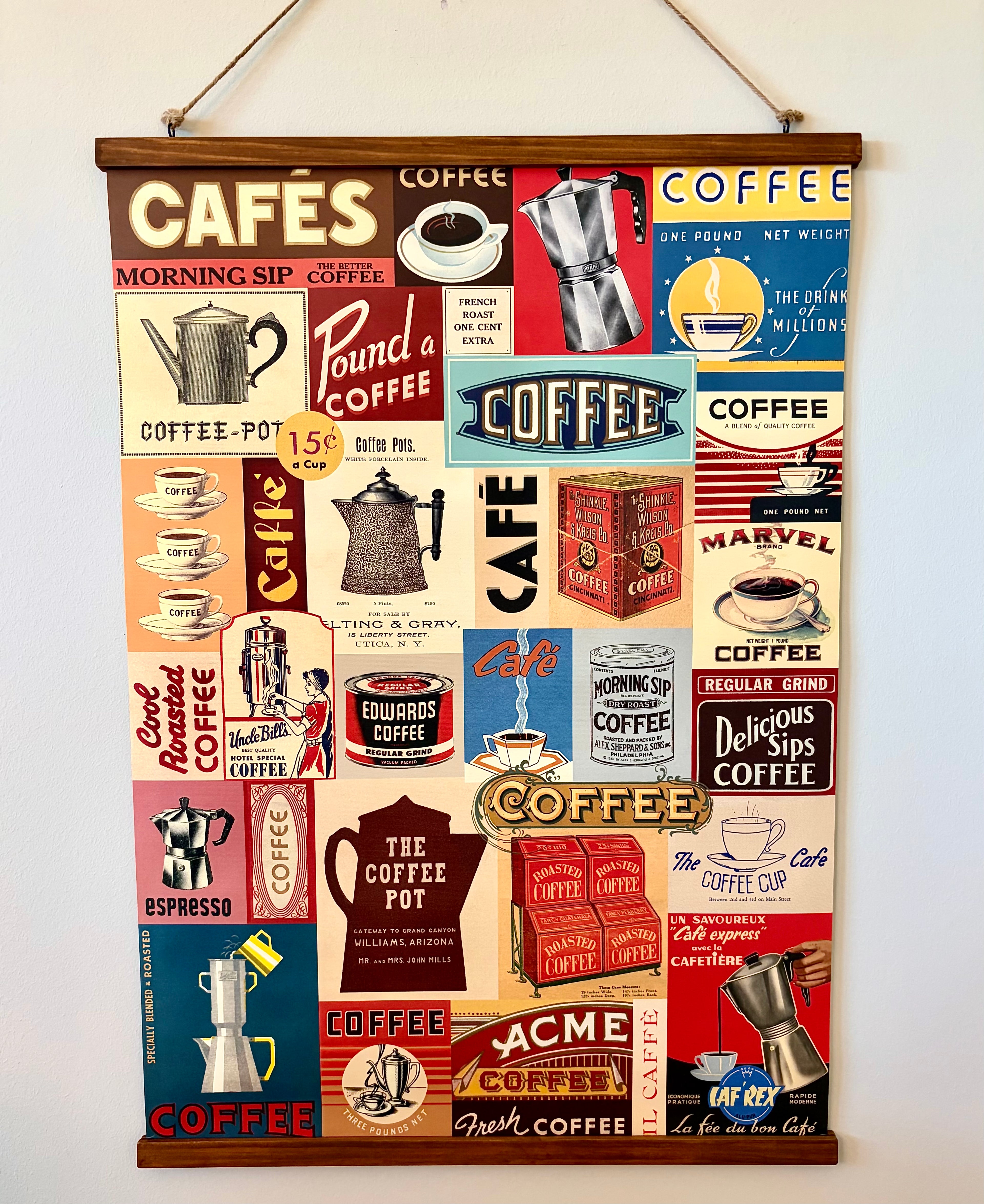 Coffee- Vintage Style Poster with Handcrafted Wood Stretch Bars