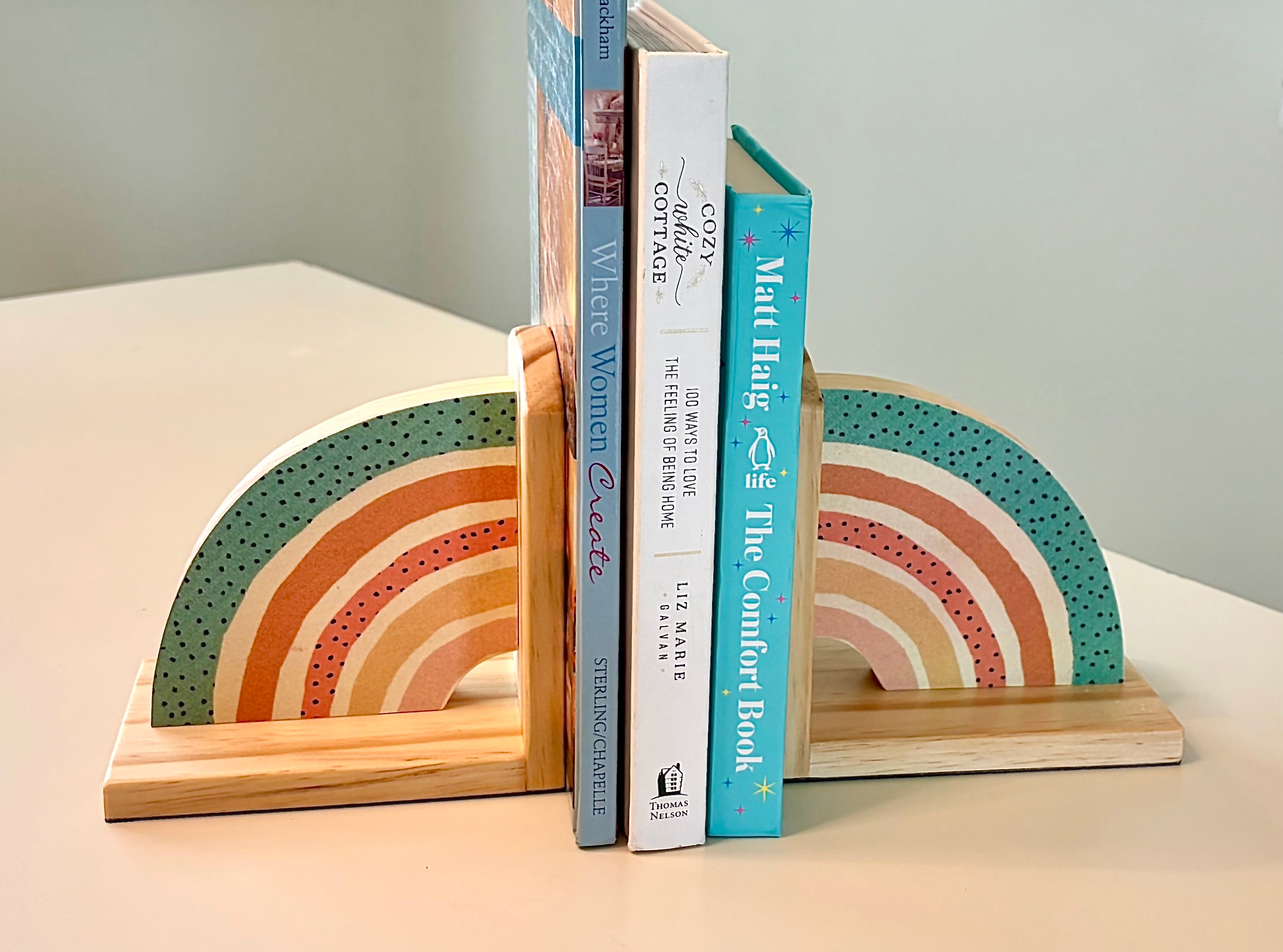 Rainbows with Muted Colors Book Ends- Handcrafted Wood and Paper
