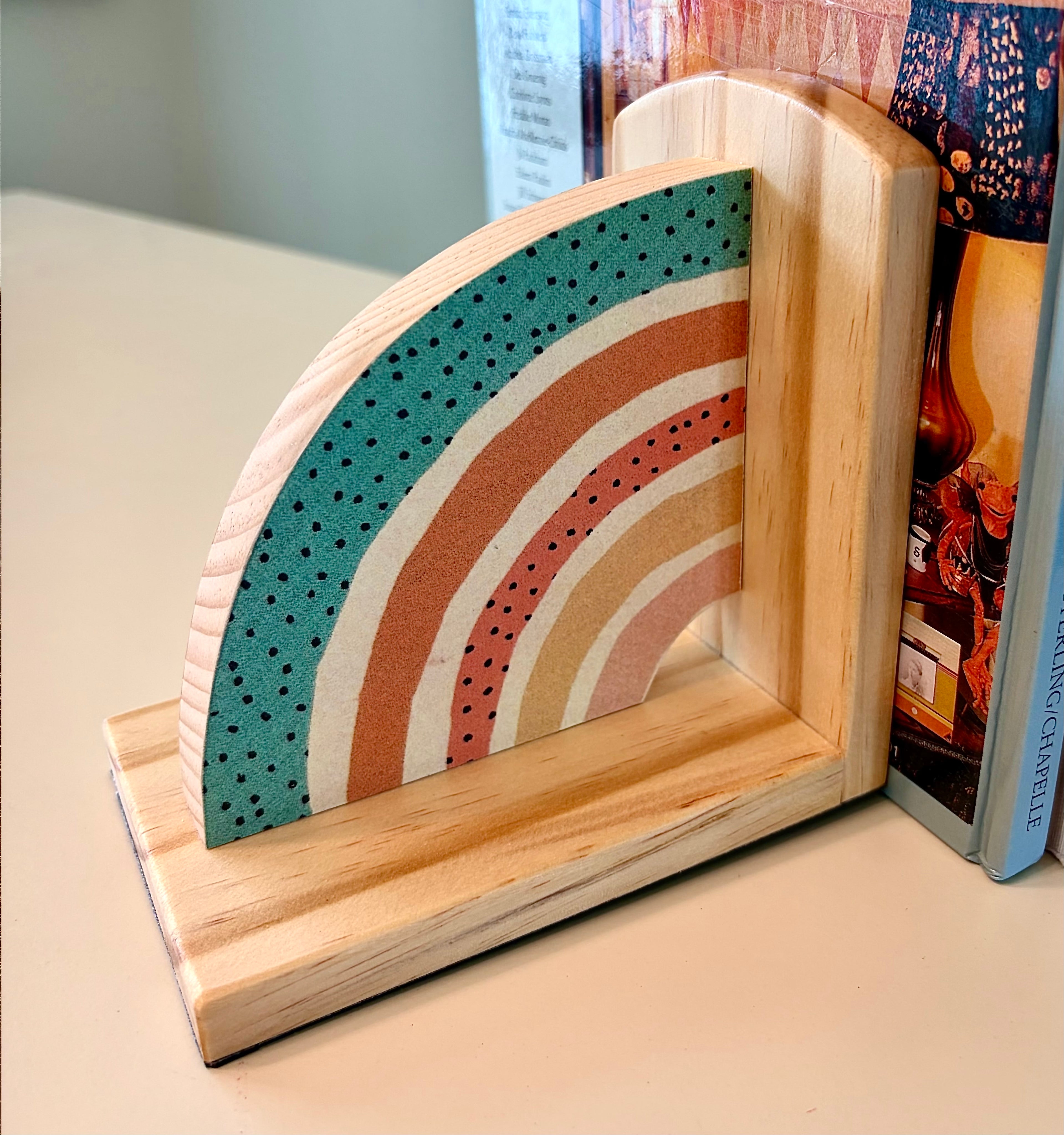 Rainbows with Muted Colors Book Ends- Handcrafted Wood and Paper