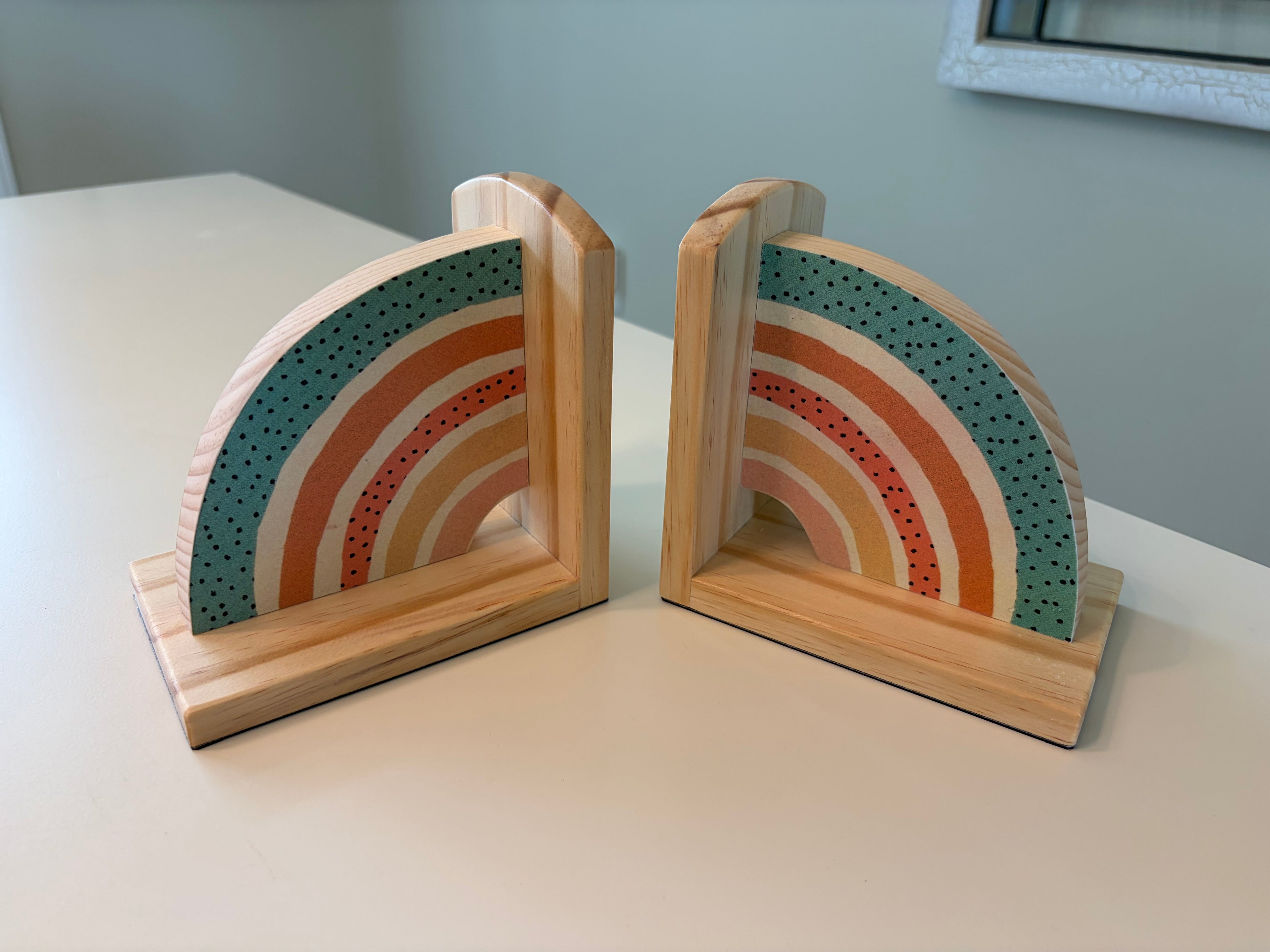 Rainbows with Muted Colors Book Ends- Handcrafted Wood and Paper