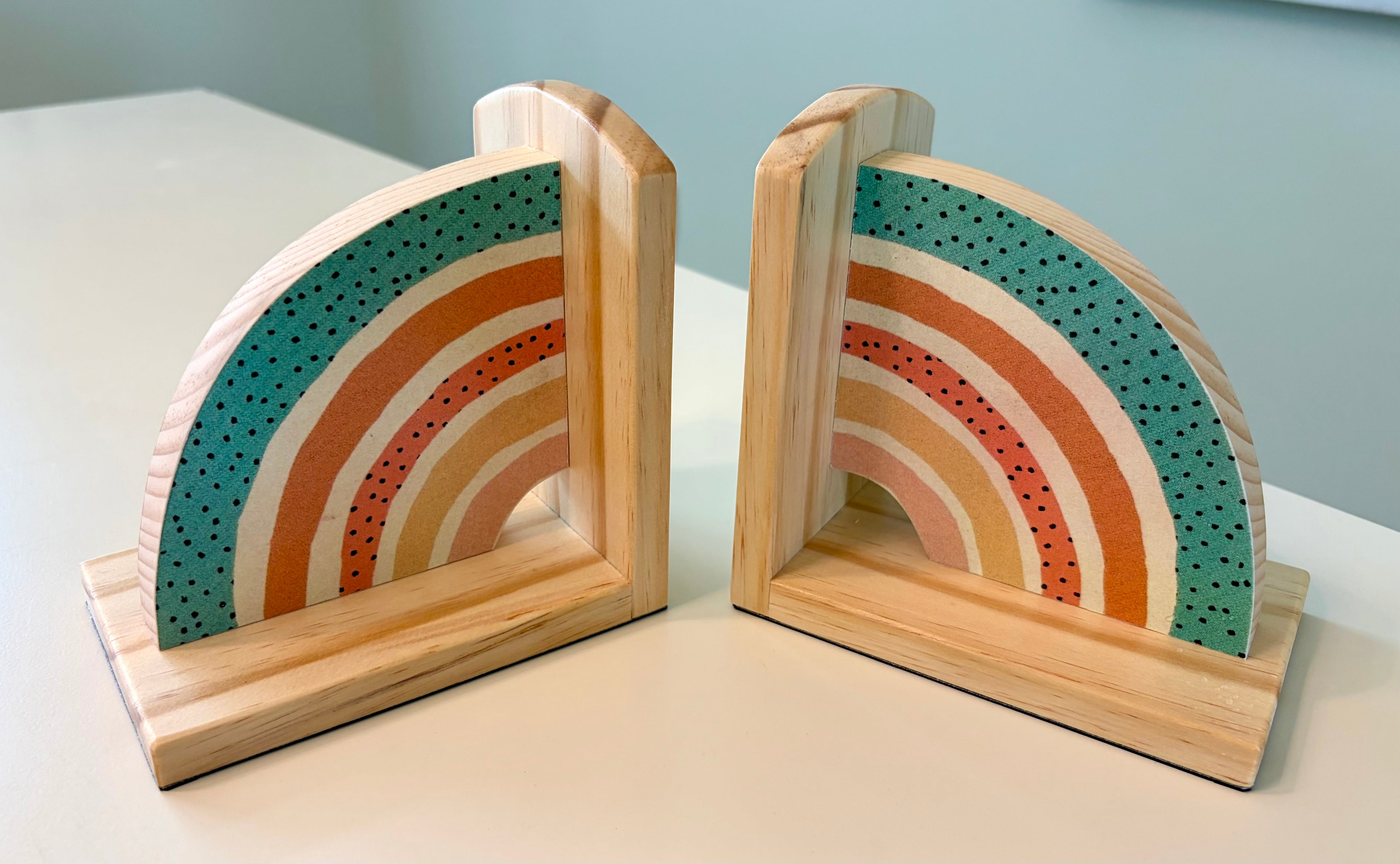 Rainbows with Muted Colors Book Ends- Handcrafted Wood and Paper