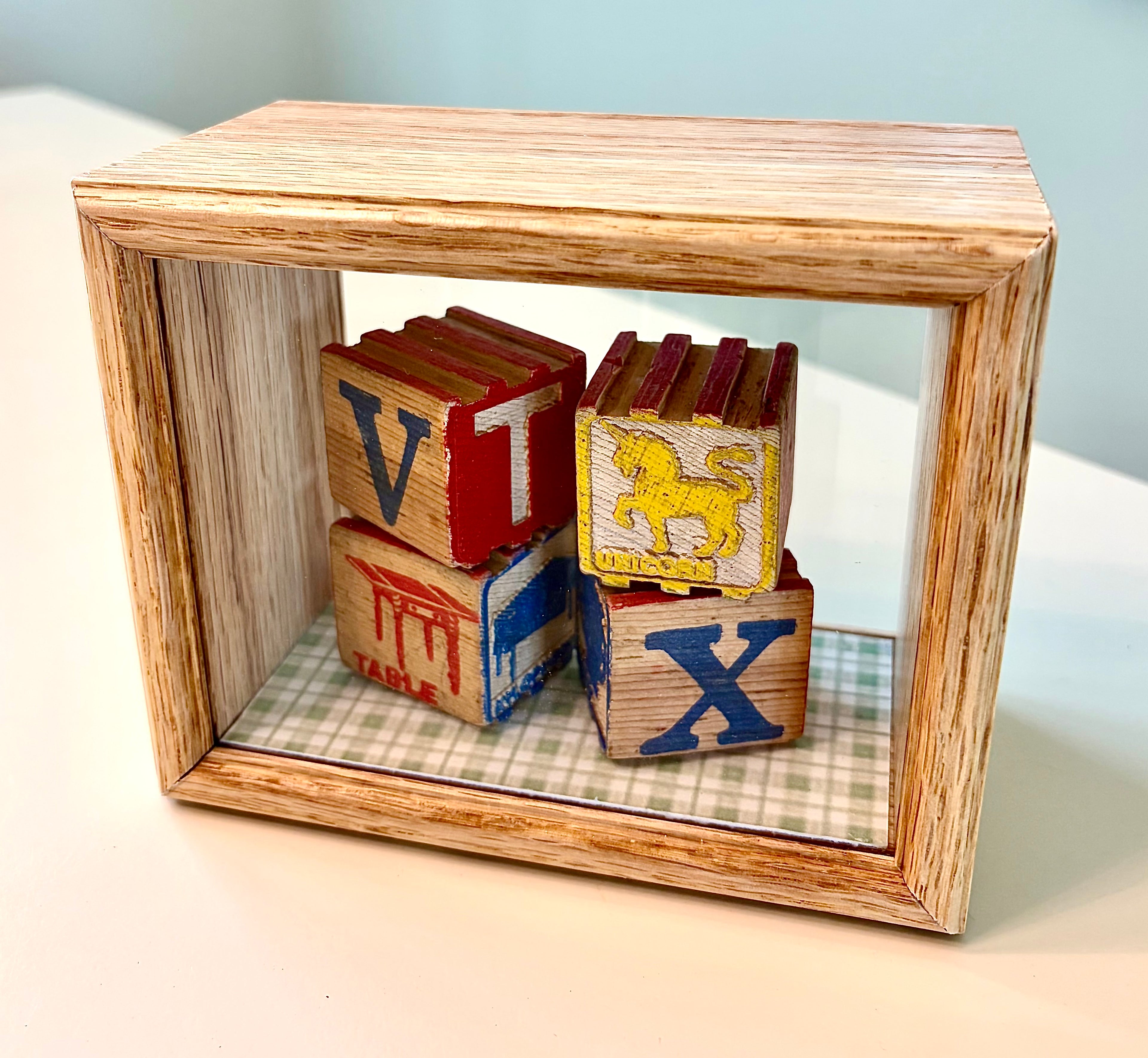 Vintage 1930's Wood Alphabet Blocks In Handcrafted Wood Shadow Box