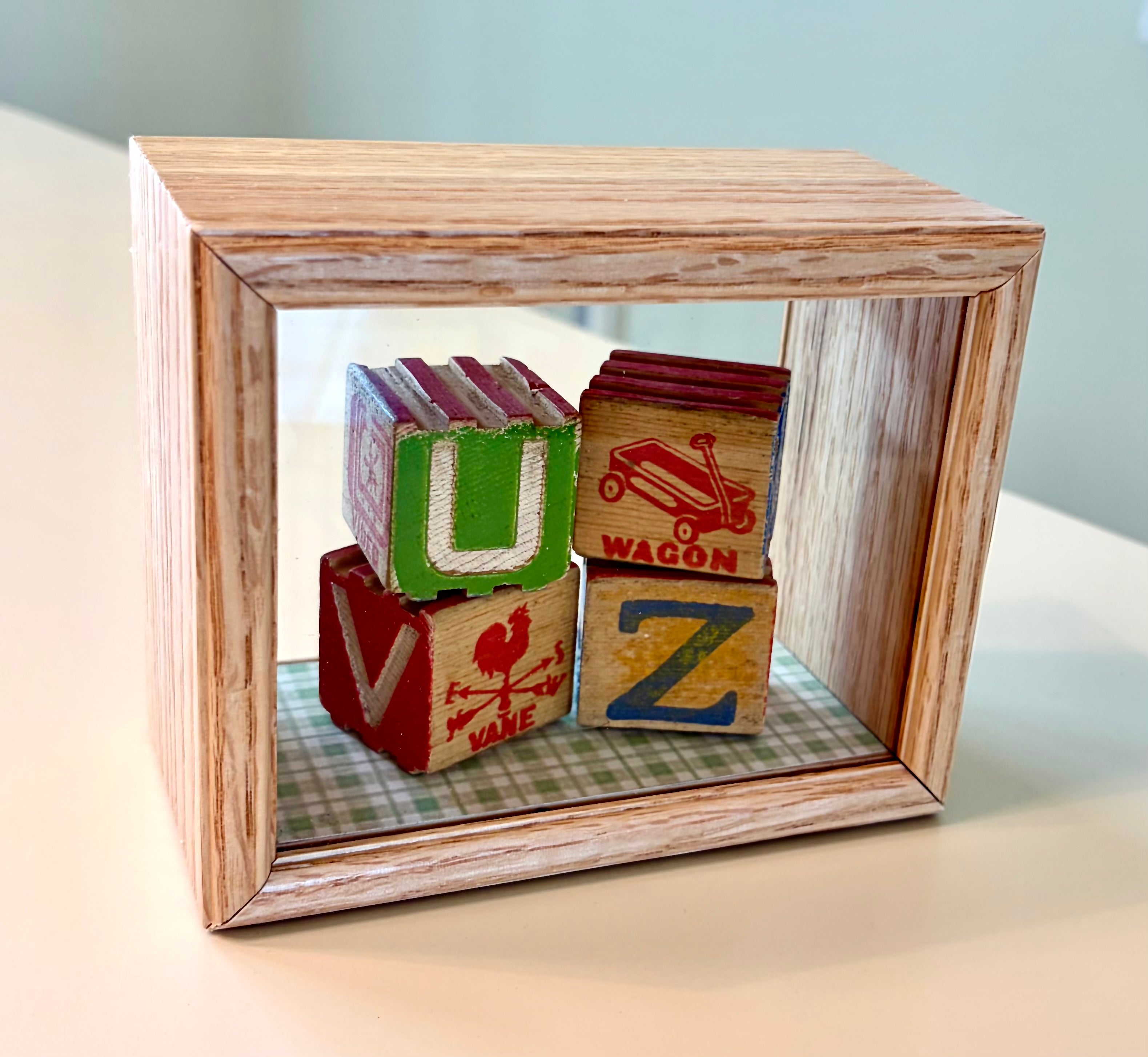 Vintage 1930's Wood Alphabet Blocks In Handcrafted Wood Shadow Box