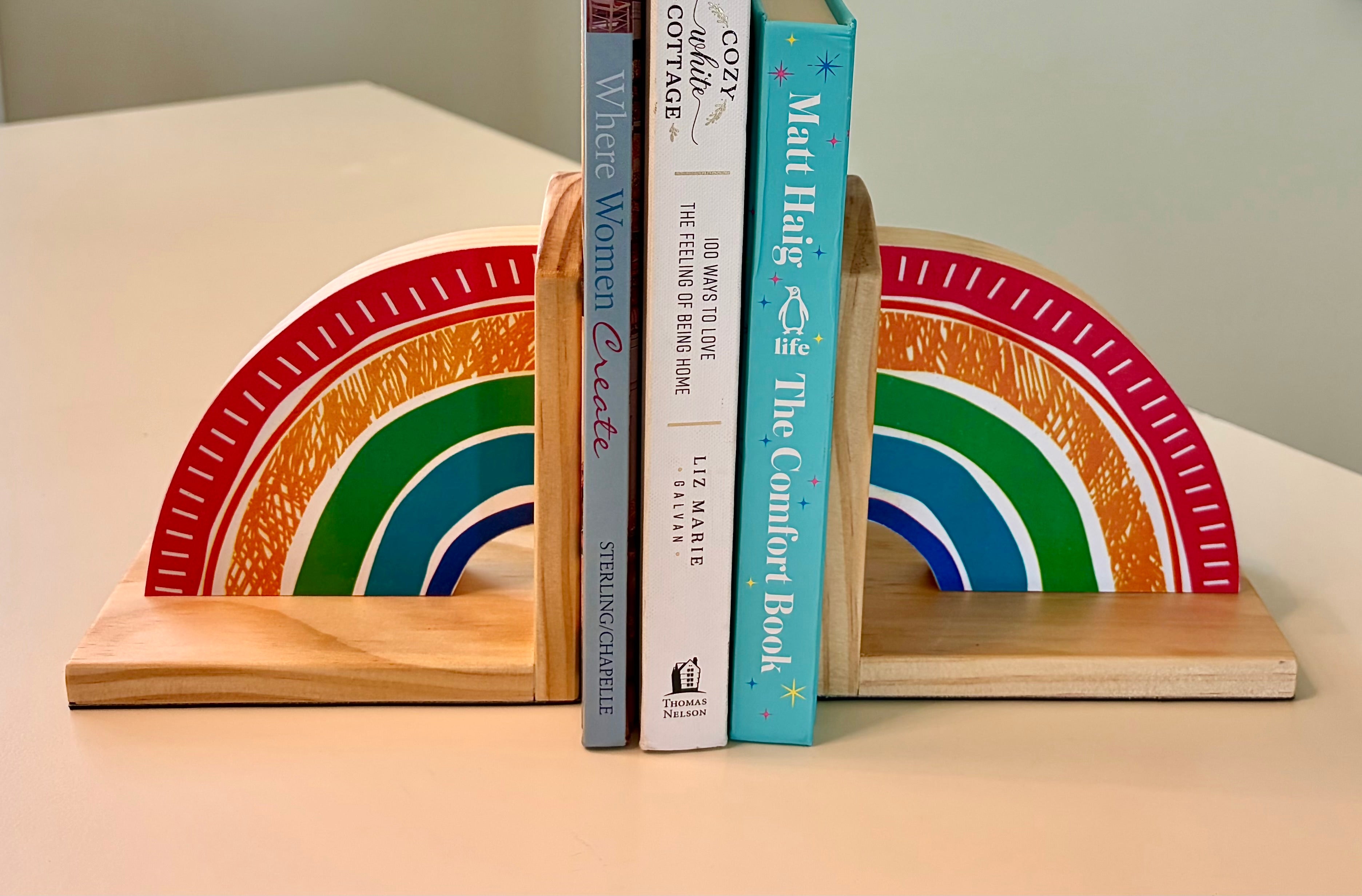 Rainbow Book Ends with Bright Colors- Handcrafted Wood and Paper