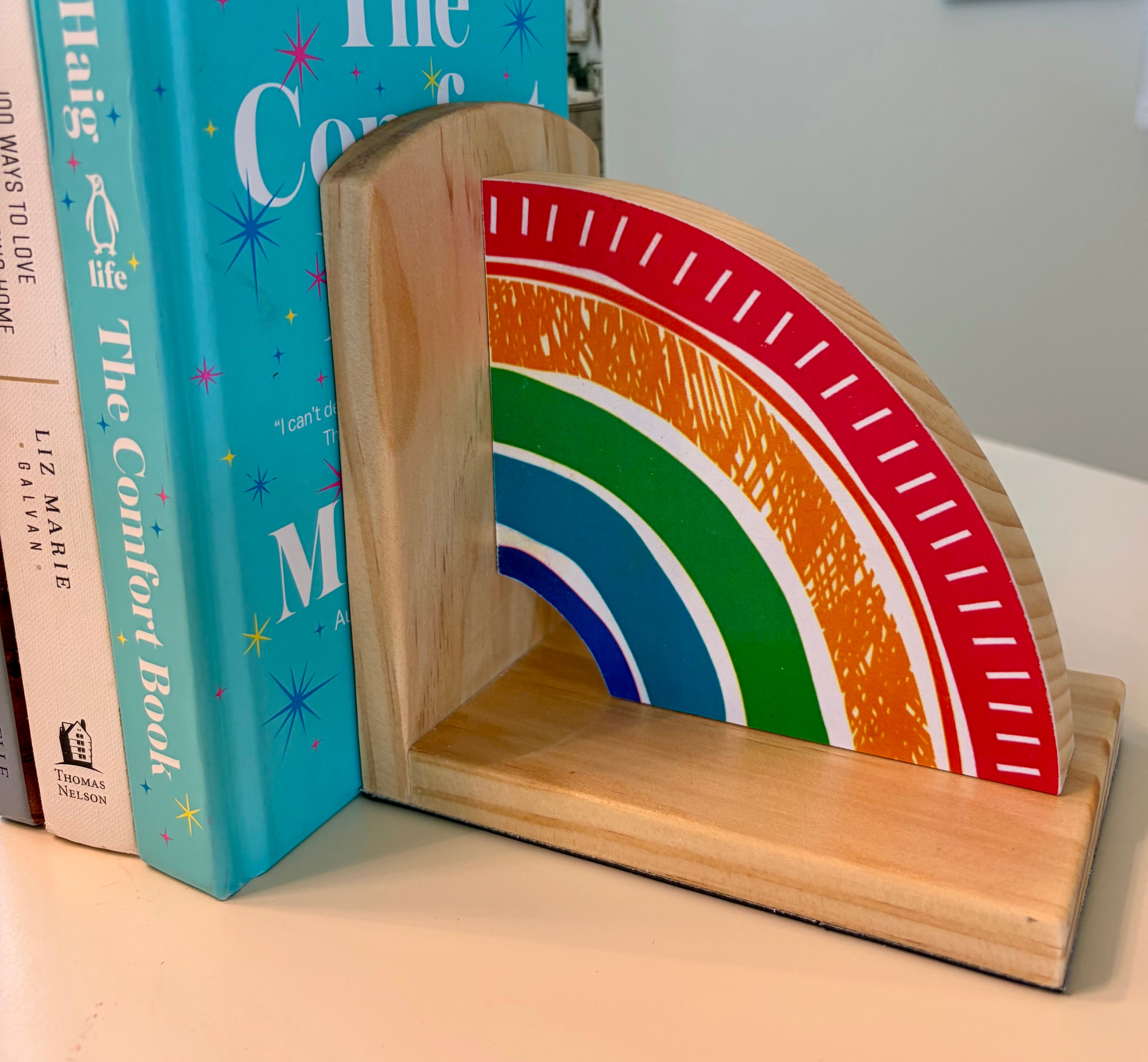 Rainbow Book Ends with Bright Colors- Handcrafted Wood and Paper