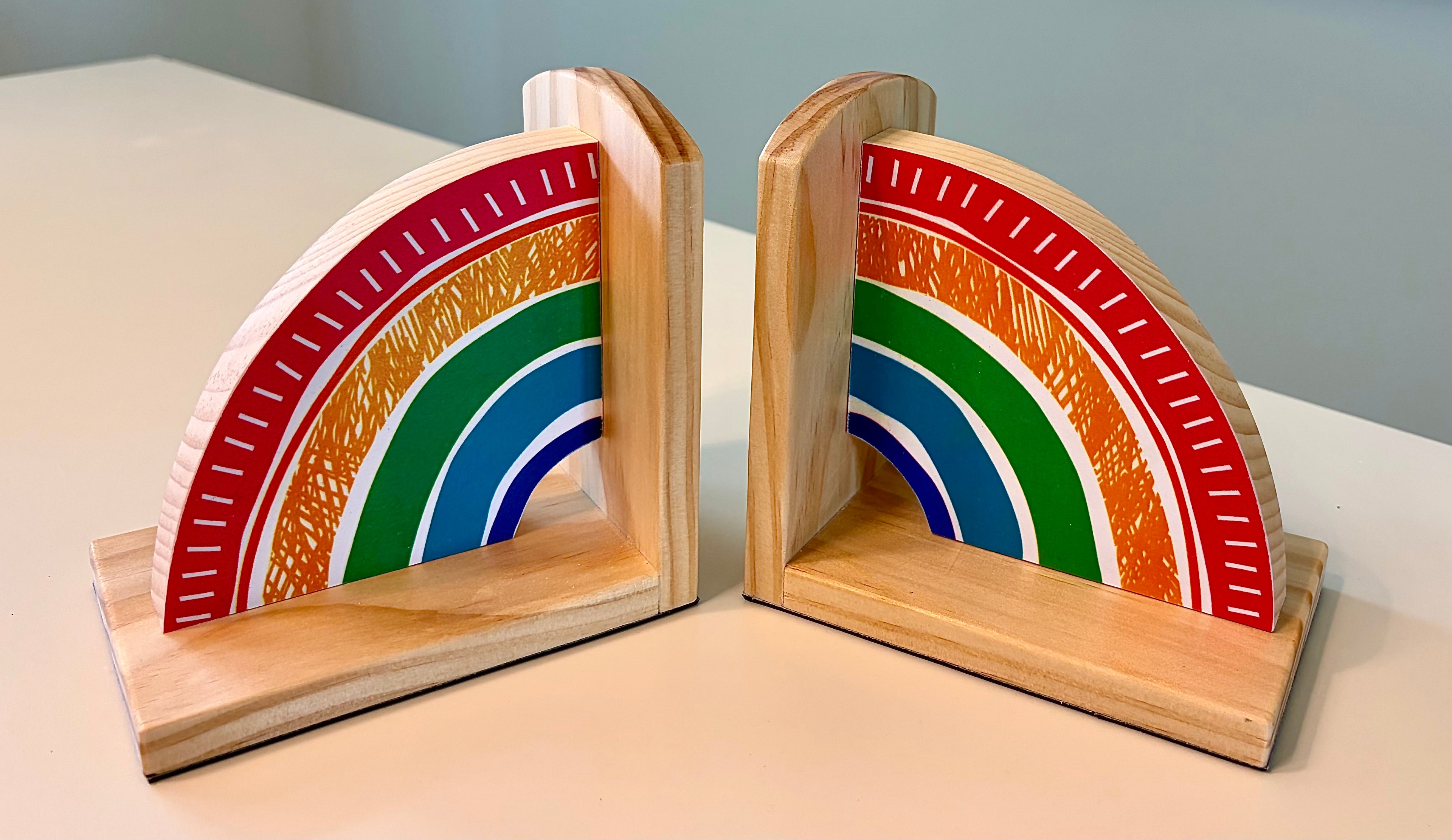Rainbow Book Ends with Bright Colors- Handcrafted Wood and Paper
