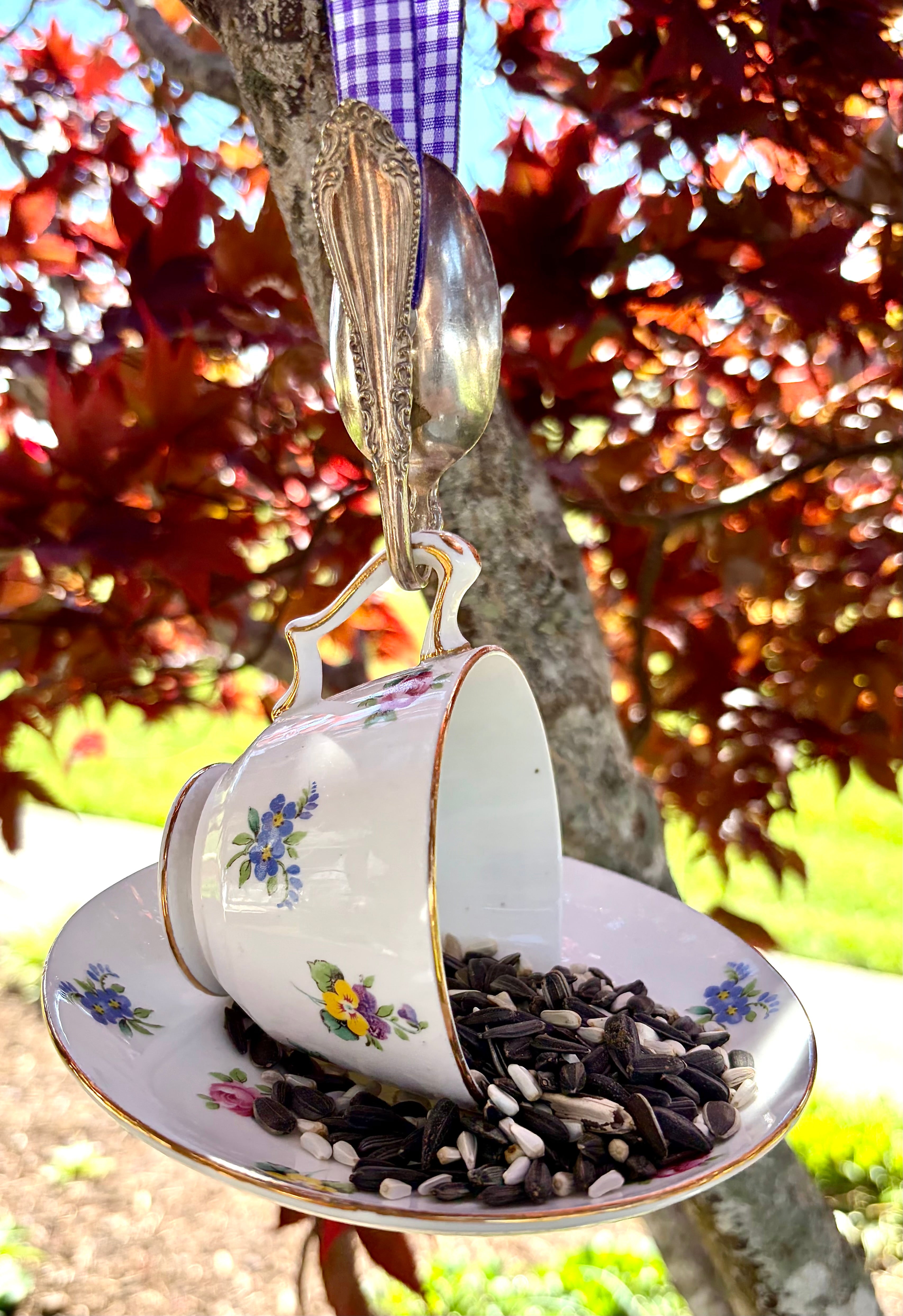 Repurposed Teacup Bird Feeder with Vintage Bent Spoon Hanger