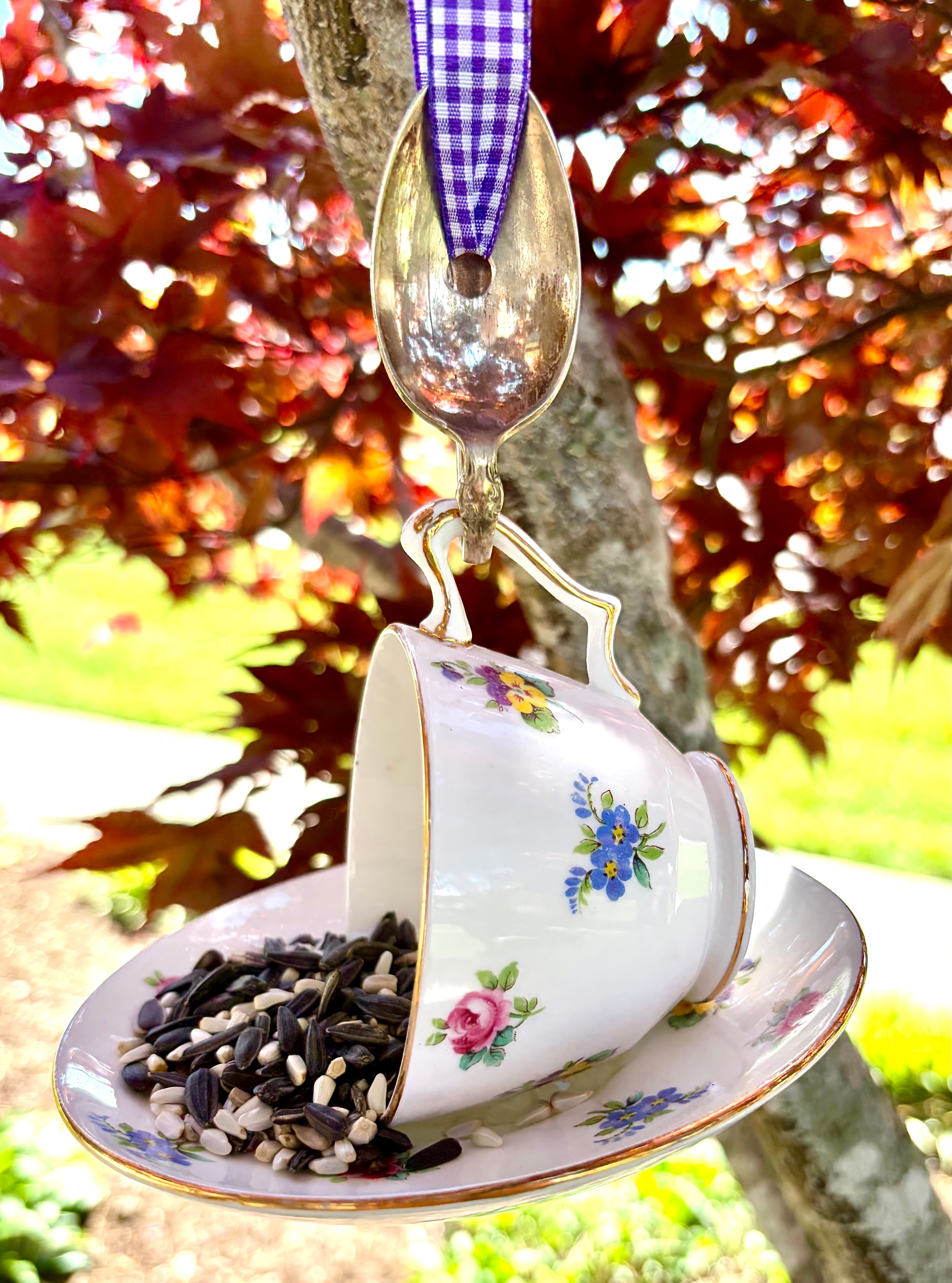 Repurposed Teacup Bird Feeder with Vintage Bent Spoon Hanger