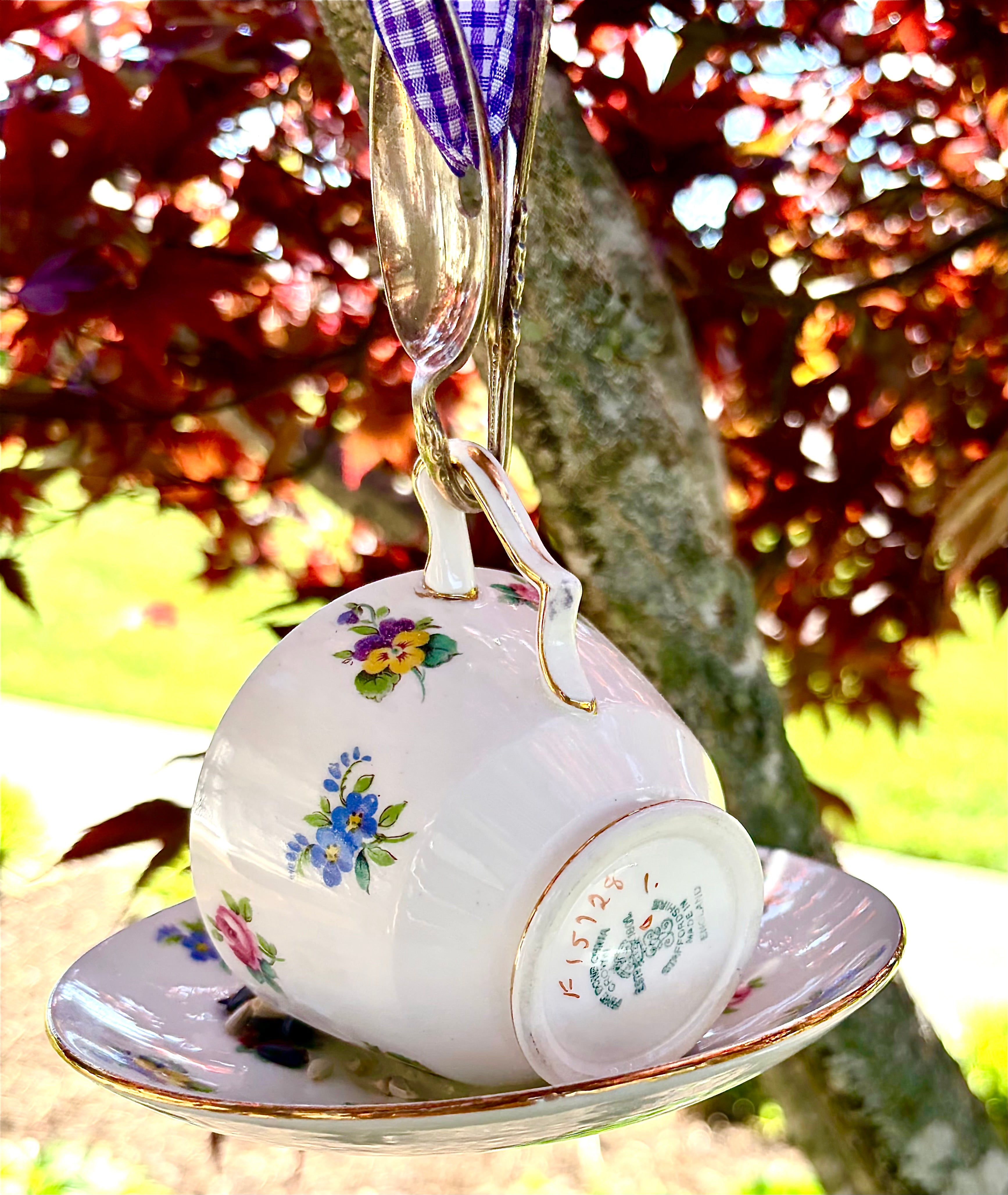 Repurposed Teacup Bird Feeder with Vintage Bent Spoon Hanger