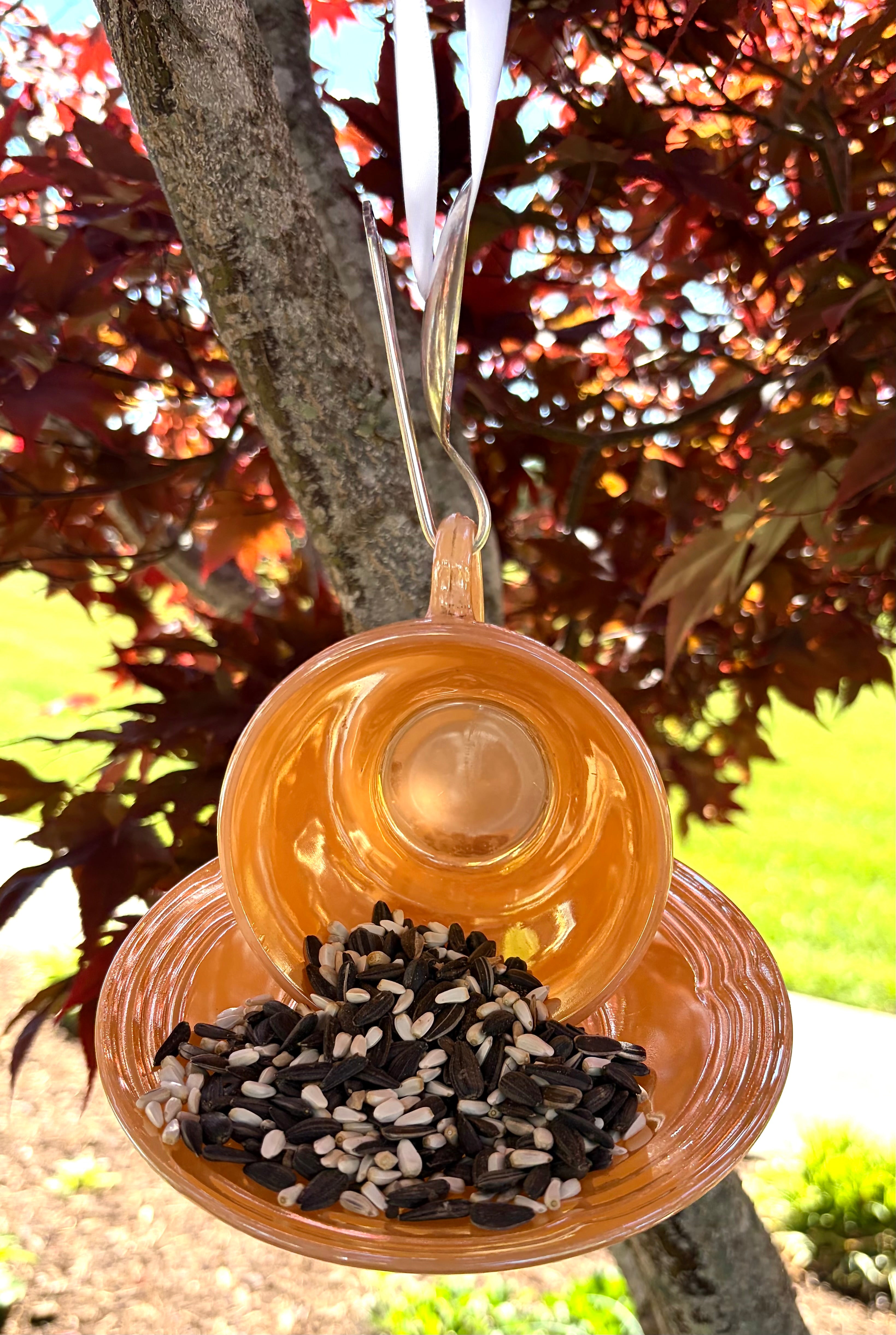 Teacup Bird Feeder with Vintage Bent Spoon Hanger (Repurposed)
