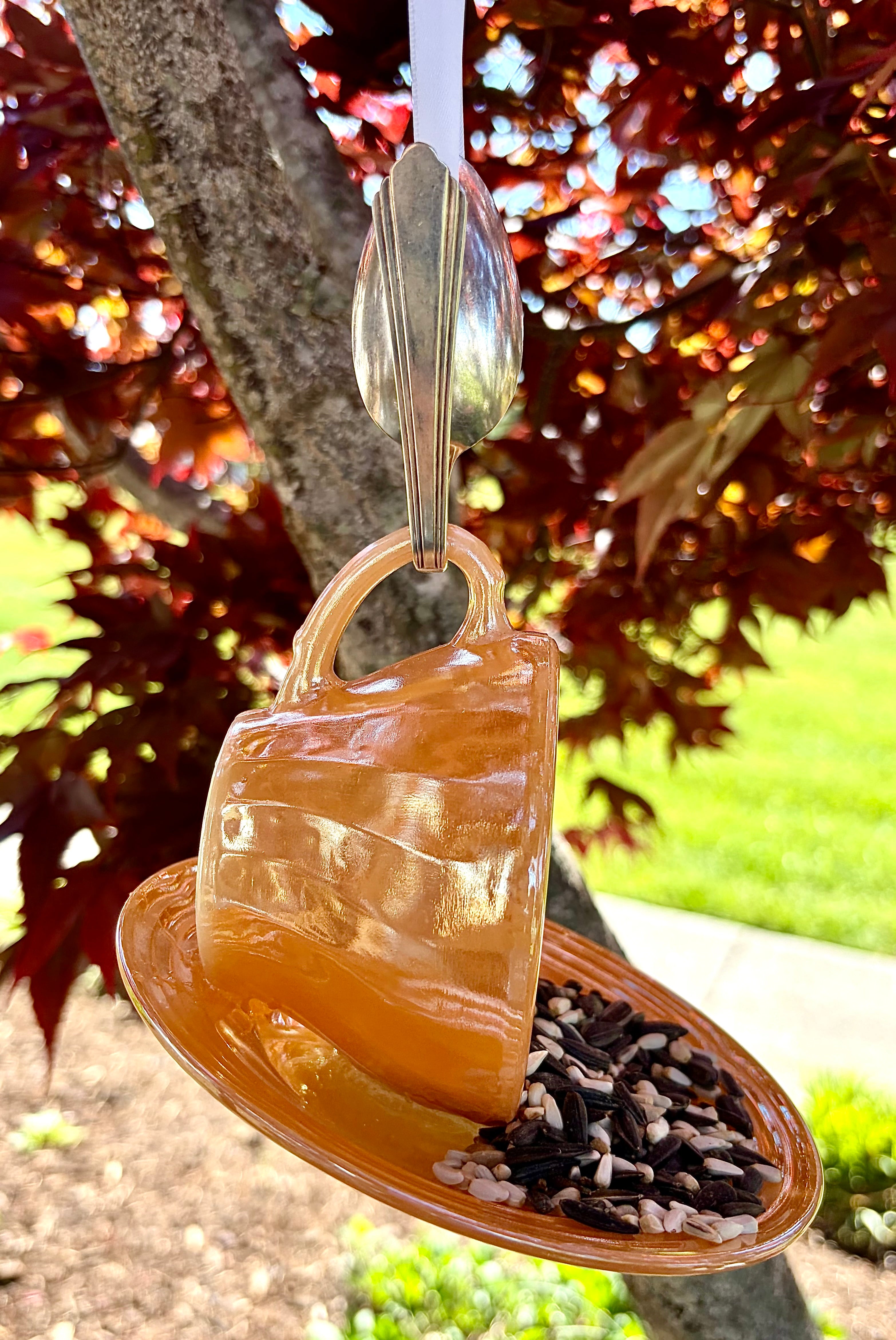 Teacup Bird Feeder with Vintage Bent Spoon Hanger (Repurposed)