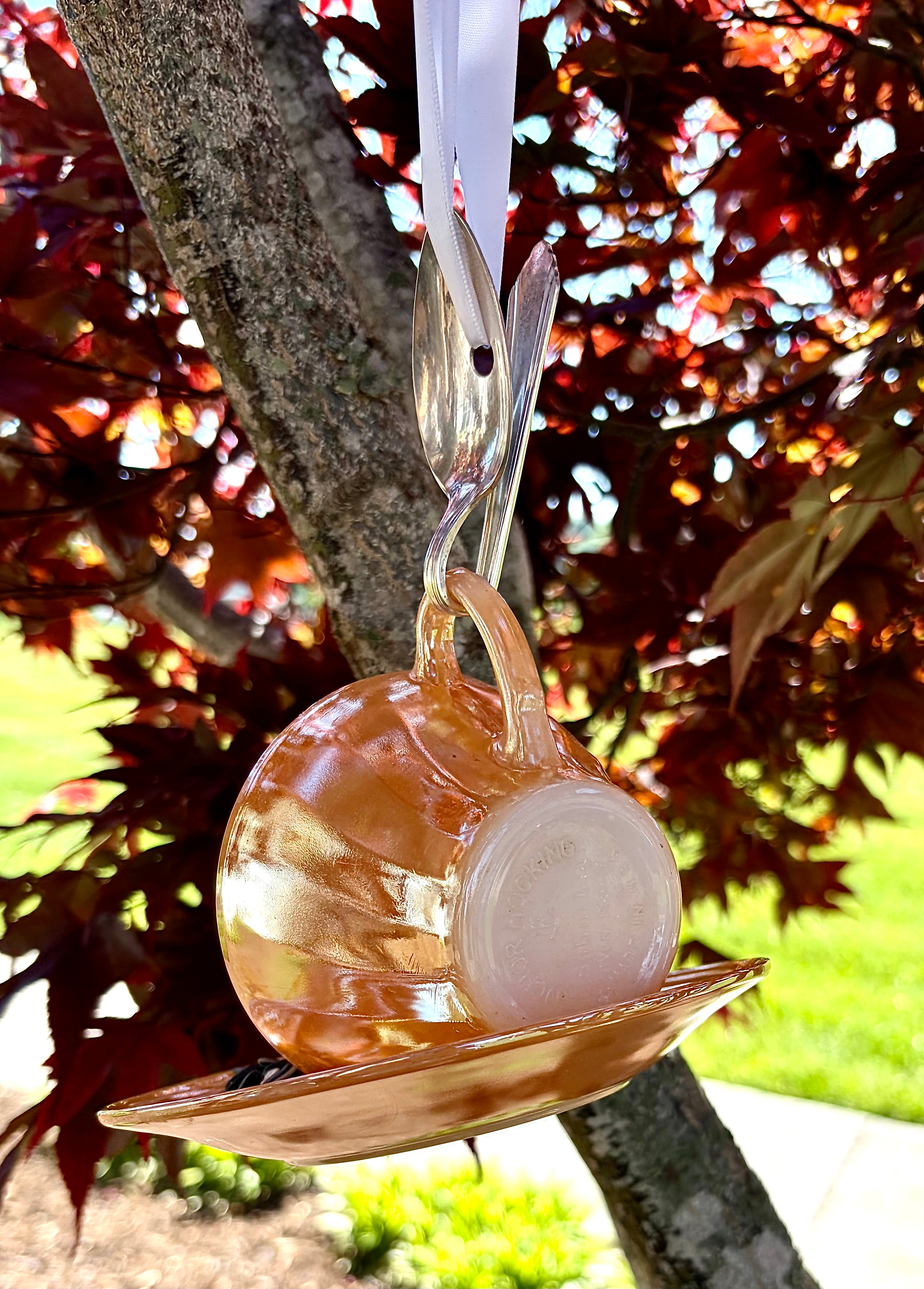 Teacup Bird Feeder with Vintage Bent Spoon Hanger (Repurposed)