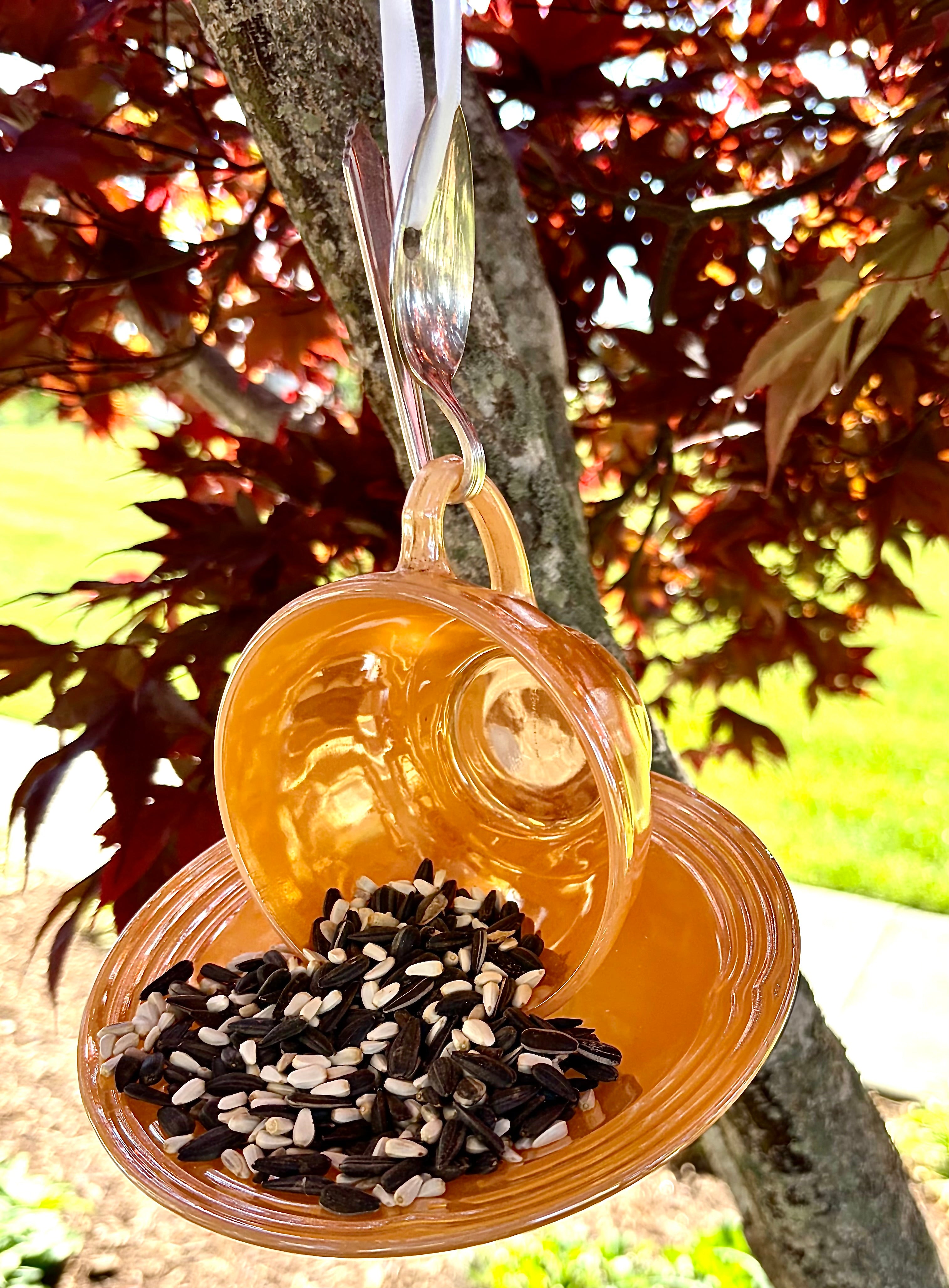 Teacup Bird Feeder with Vintage Bent Spoon Hanger (Repurposed)