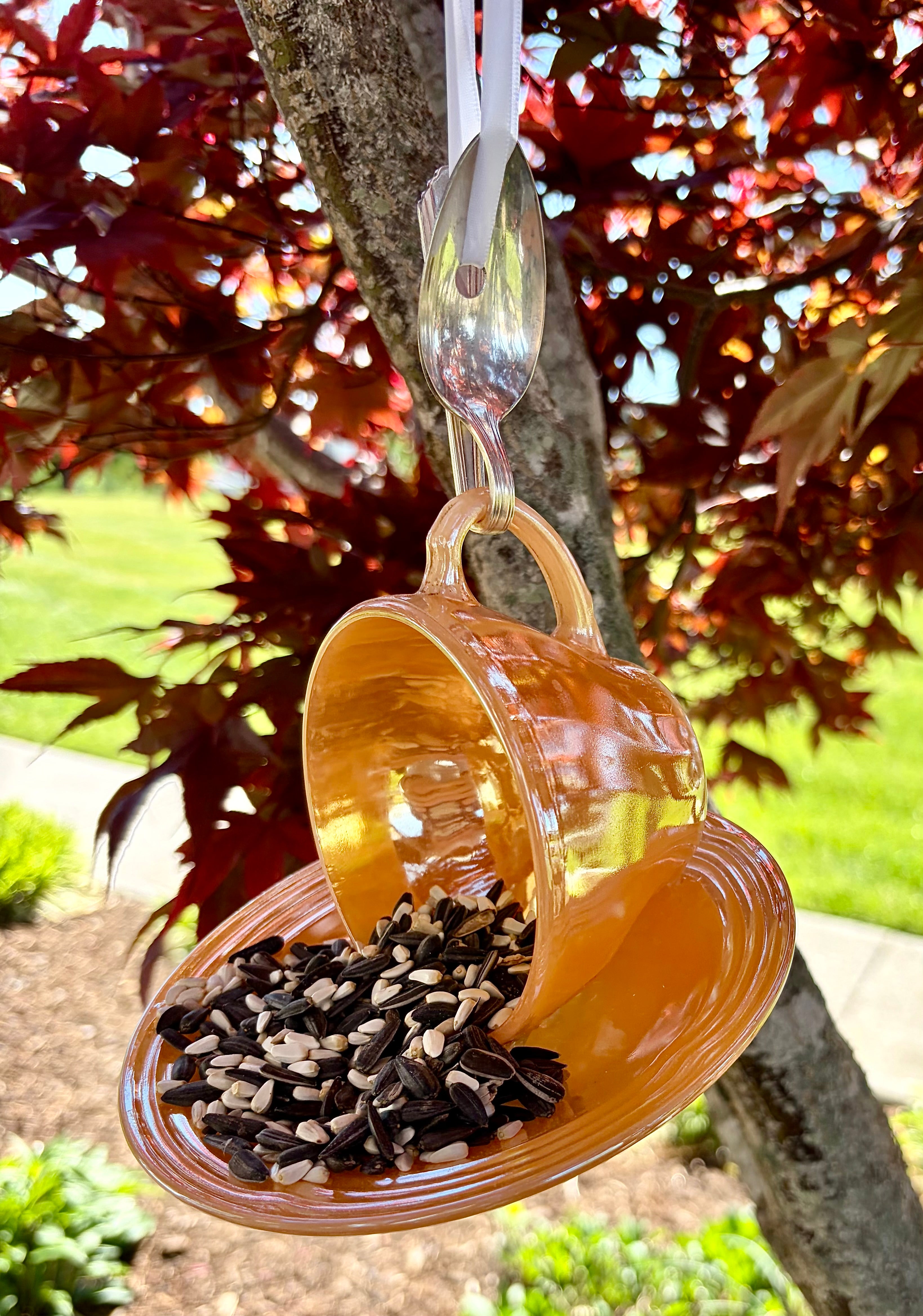 Teacup Bird Feeder with Vintage Bent Spoon Hanger (Repurposed)