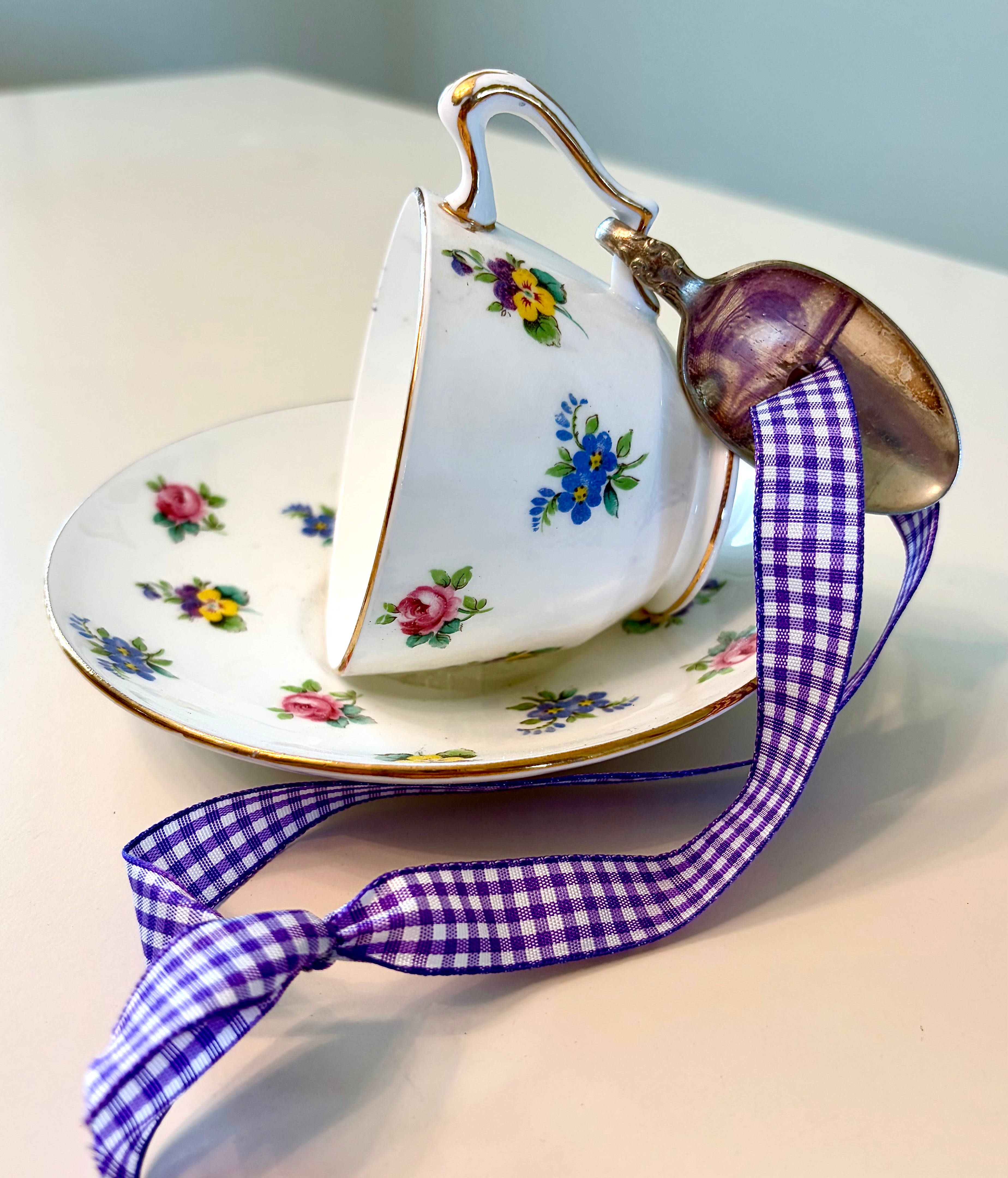 Repurposed Teacup Bird Feeder with Vintage Bent Spoon Hanger