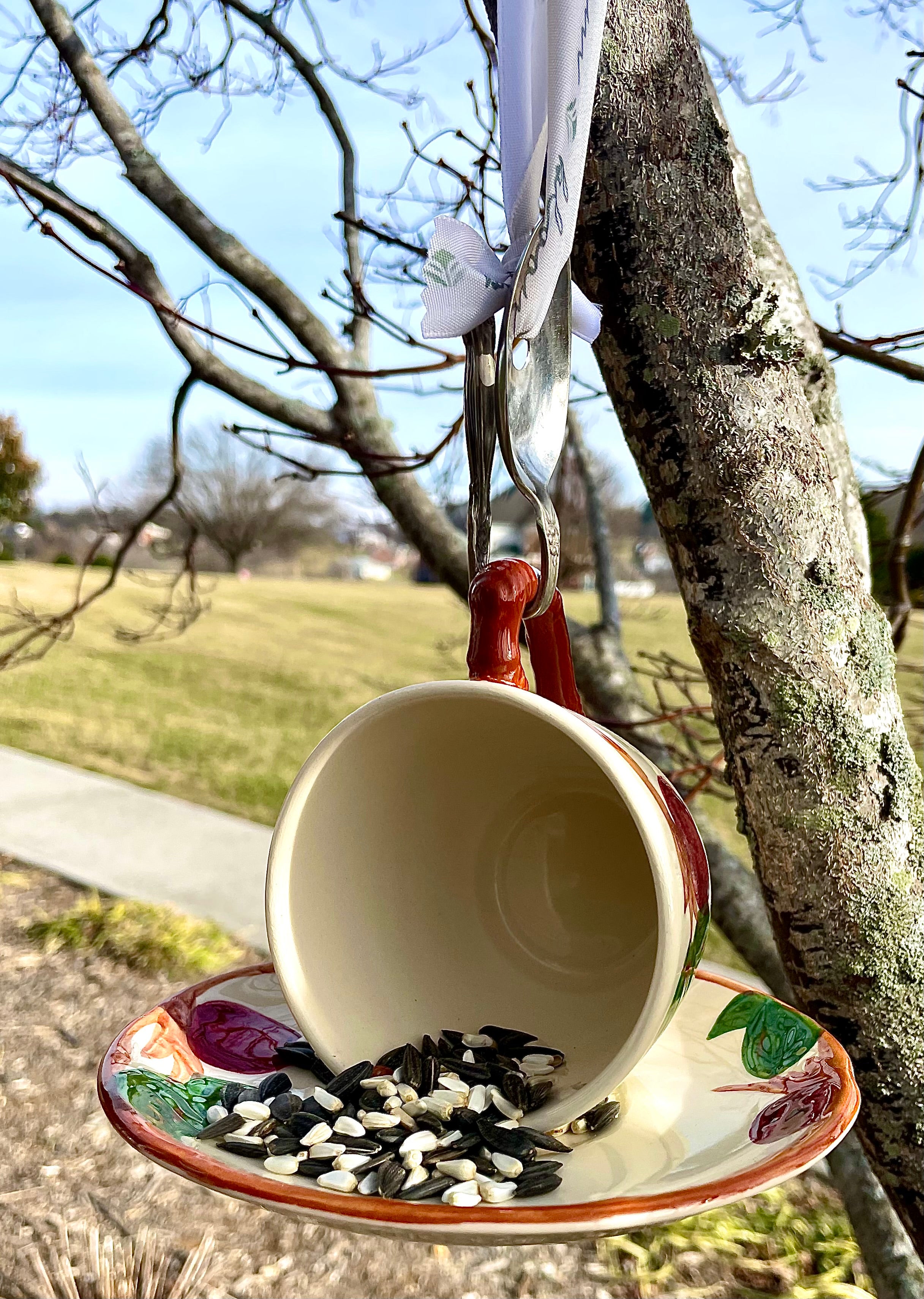 Vintage Teacup Bird Feeder with Bent Spoon Hanger (Repurposed)