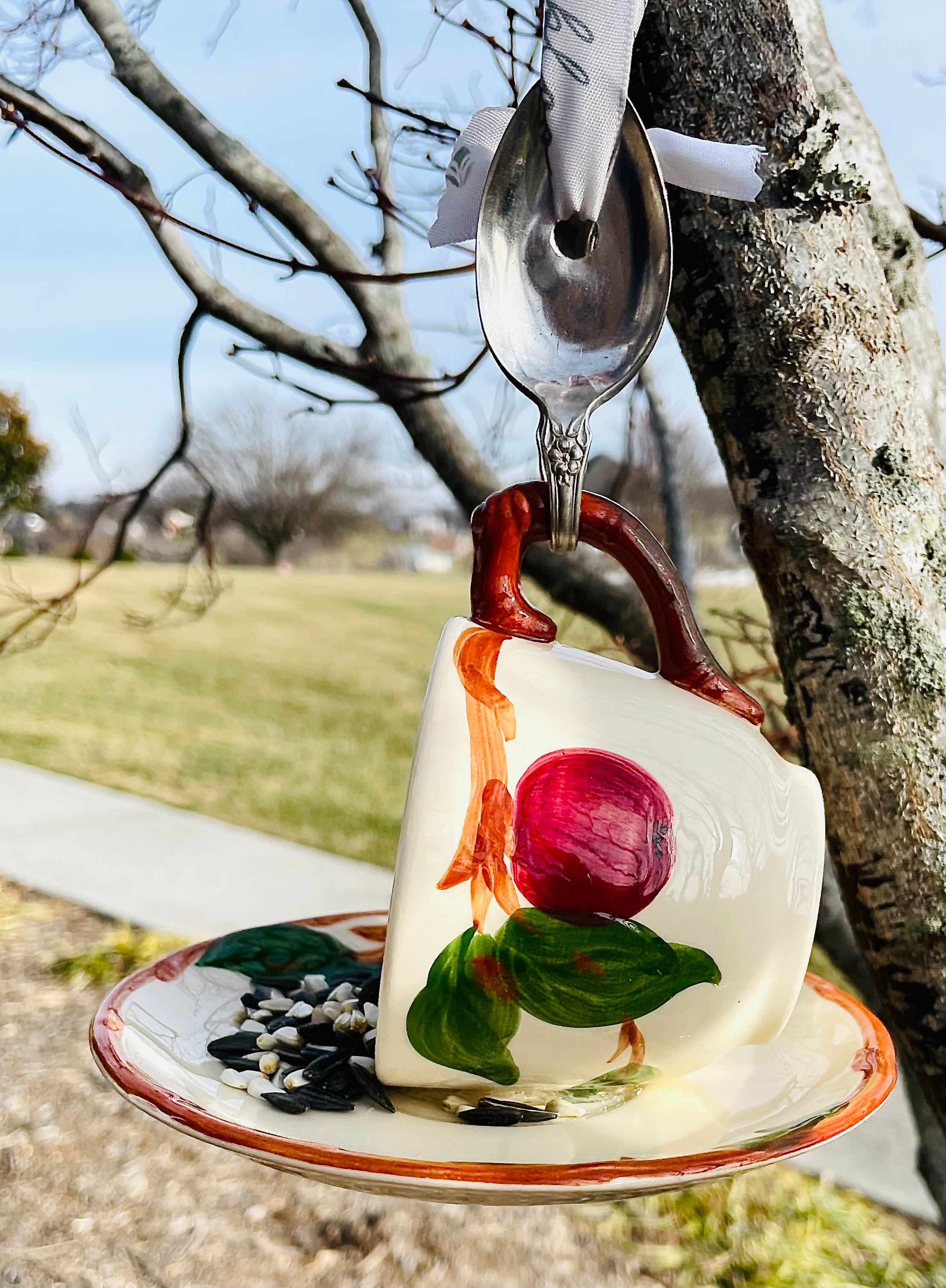Vintage Teacup Bird Feeder with Bent Spoon Hanger (Repurposed)