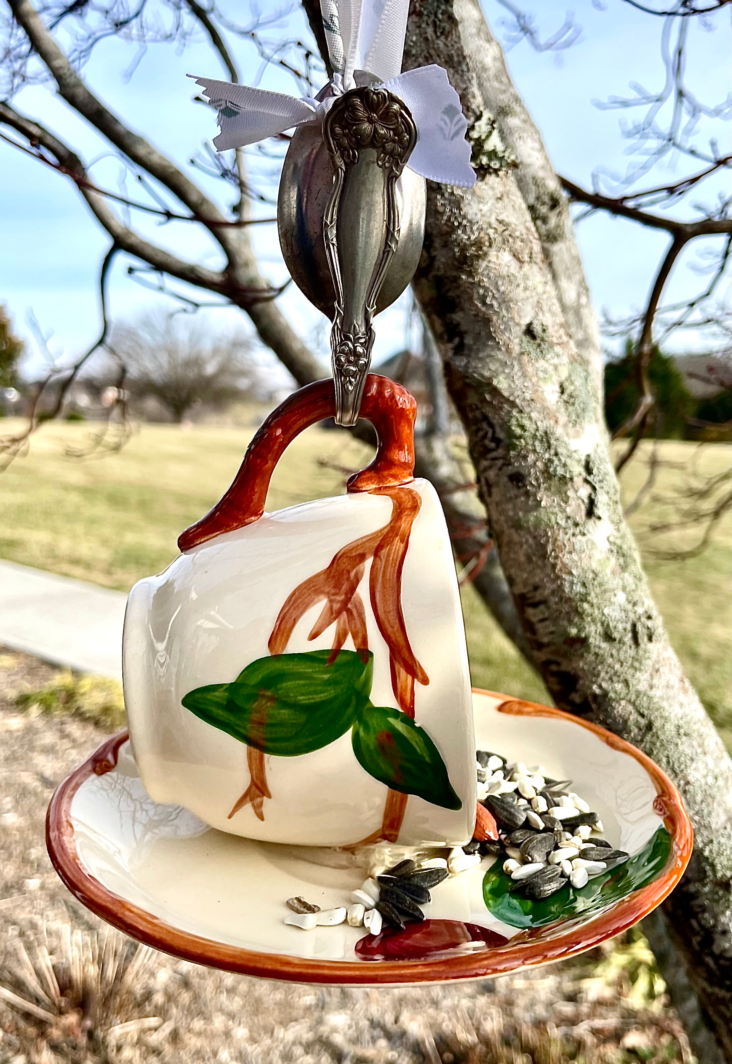 Vintage Teacup Bird Feeder with Bent Spoon Hanger (Repurposed)