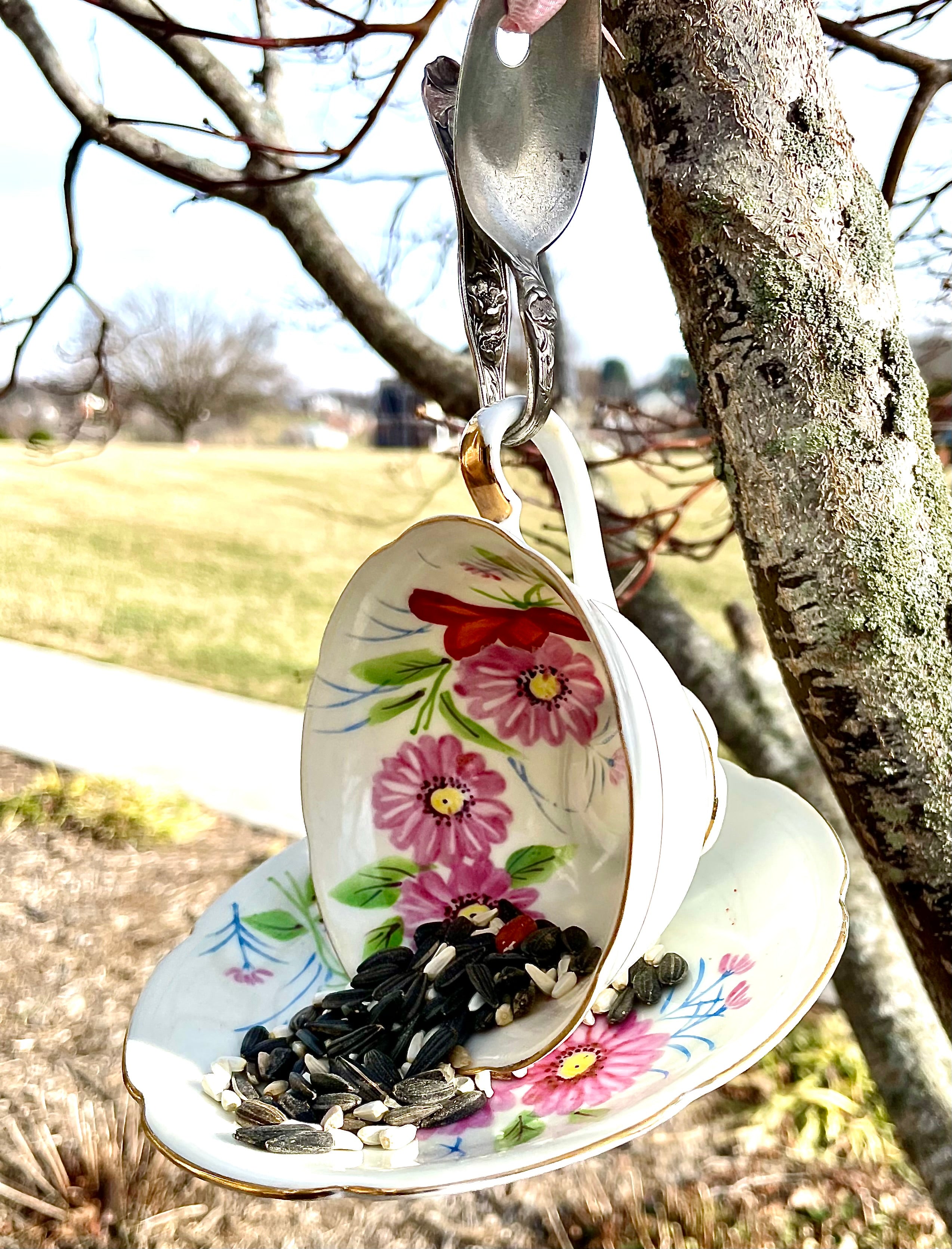 Teacup Bird Feeder with Vintage Bent Spoon Hanger (Repurposed)