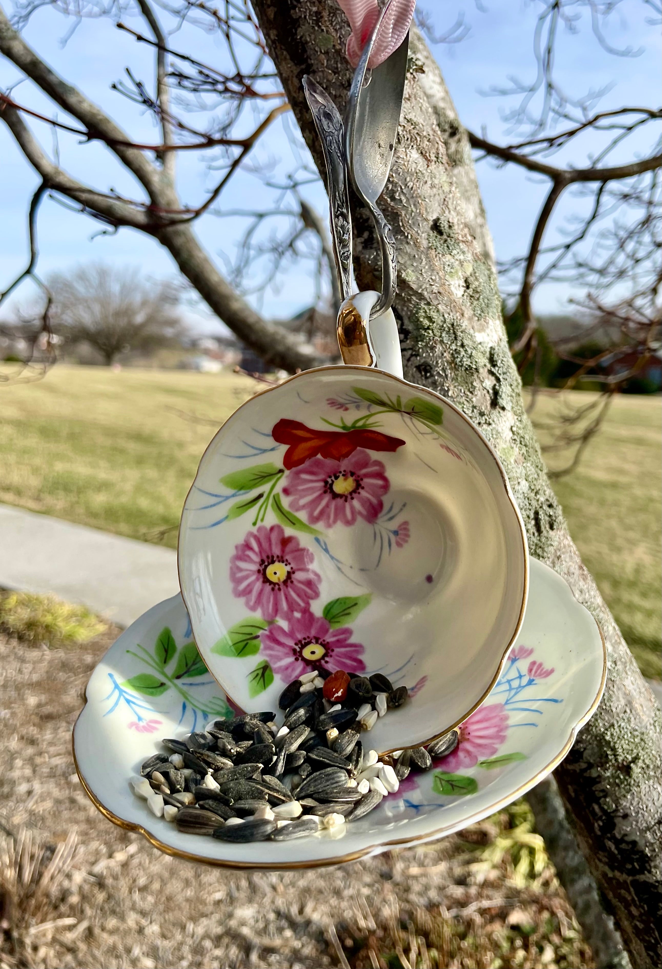 Teacup Bird Feeder with Vintage Bent Spoon Hanger (Repurposed)
