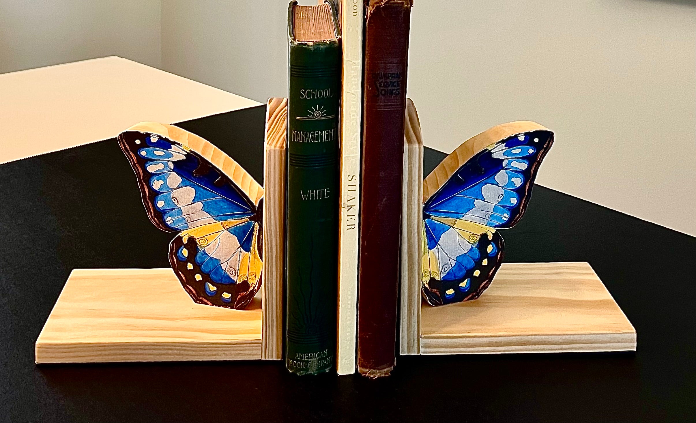 Blue Butterfly Book Ends- Handcrafted Wood and Paper