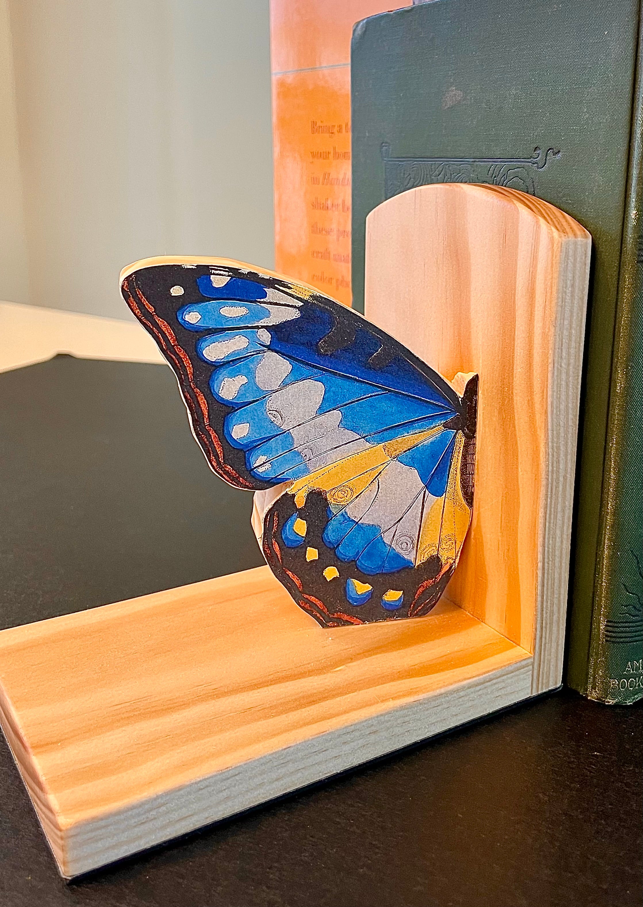 Blue Butterfly Book Ends- Handcrafted Wood and Paper