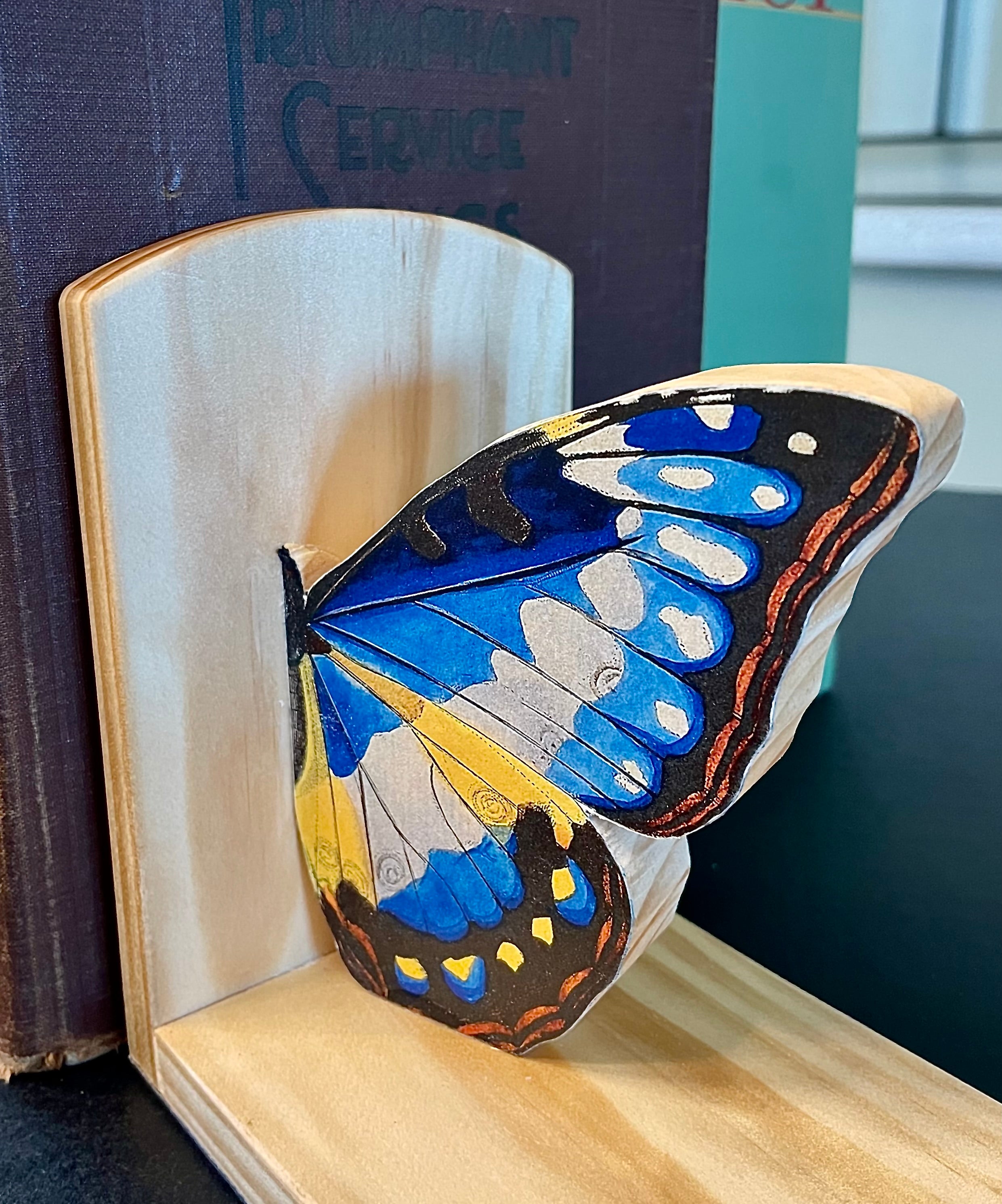 Blue Butterfly Book Ends- Handcrafted Wood and Paper