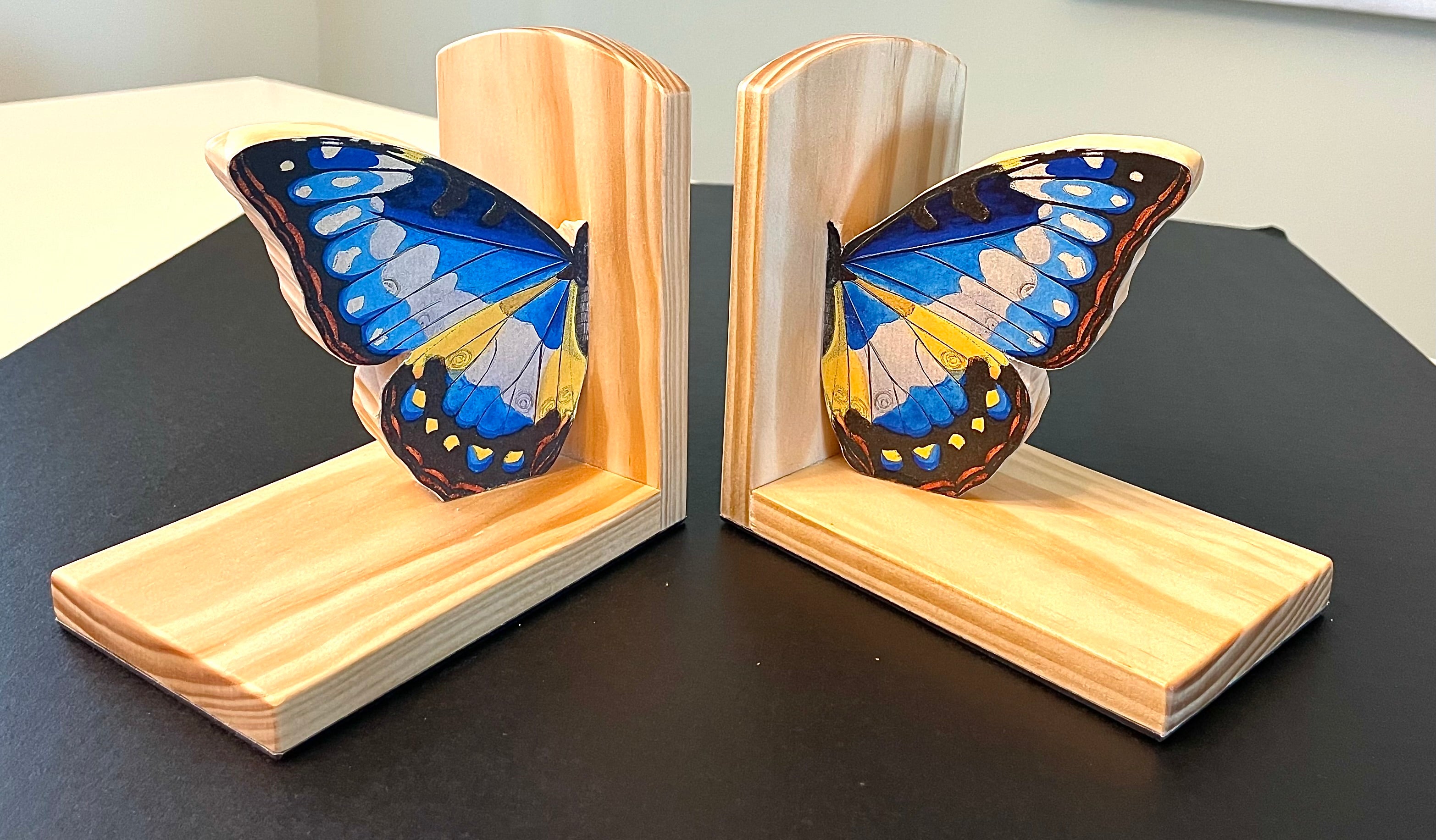 Blue Butterfly Book Ends- Handcrafted Wood and Paper