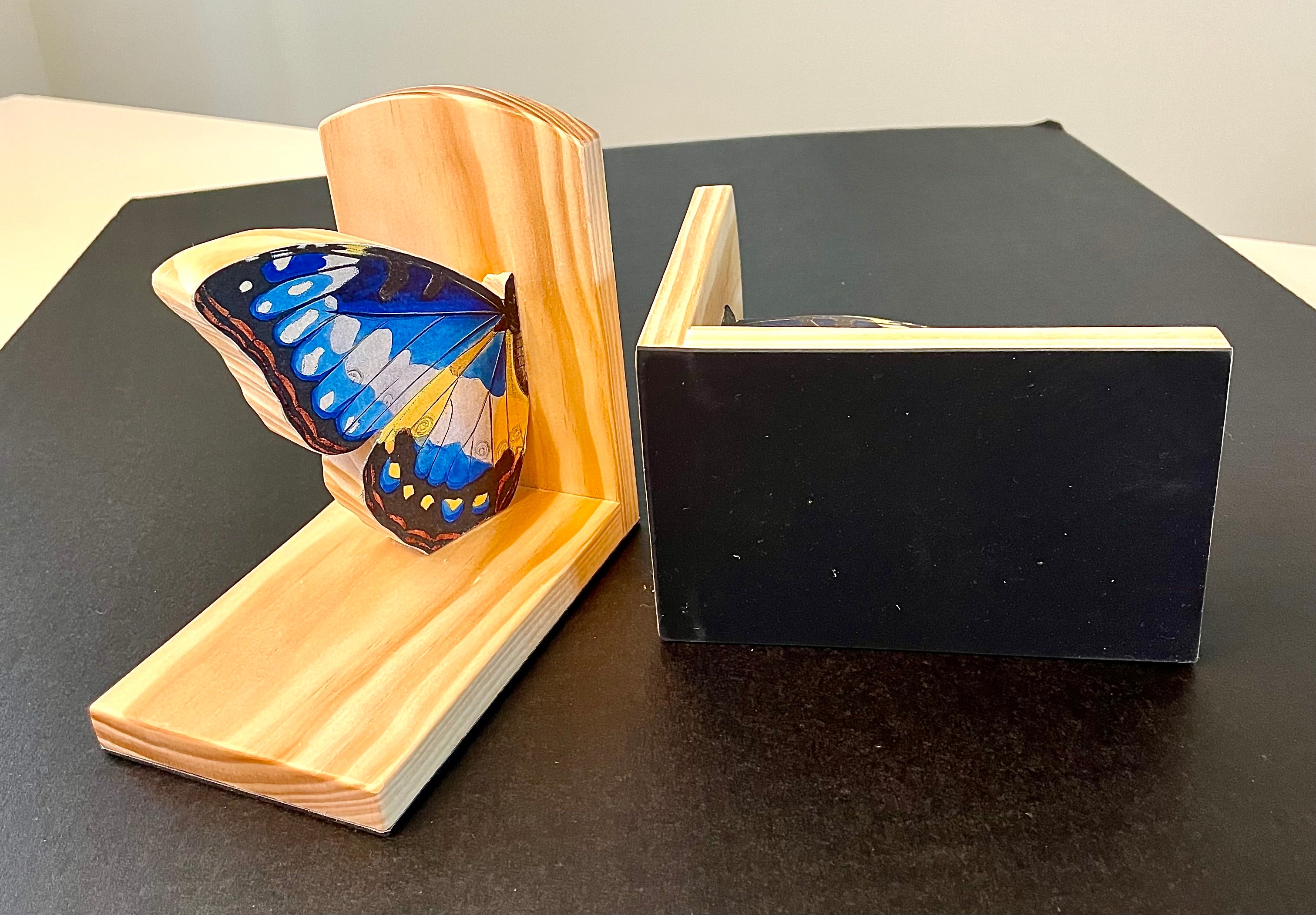 Blue Butterfly Book Ends- Handcrafted Wood and Paper