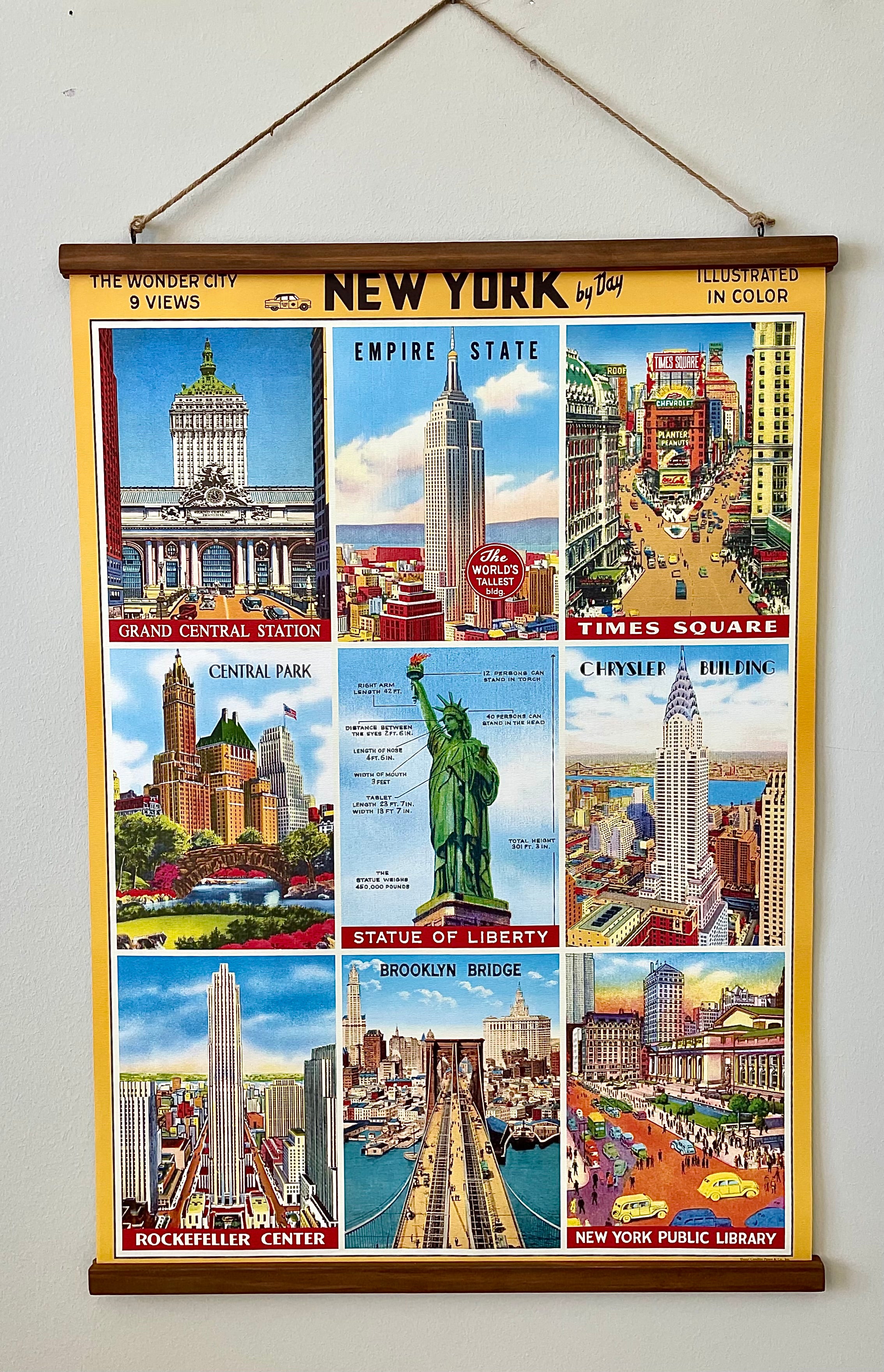 New York City by Day- Vintage Style Poster with Handcrafted Wood Stretcher Bars