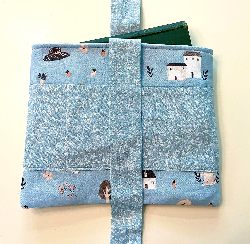 Book Sleeve/case- Hand Sewn with Front Pockets and Bow Closure