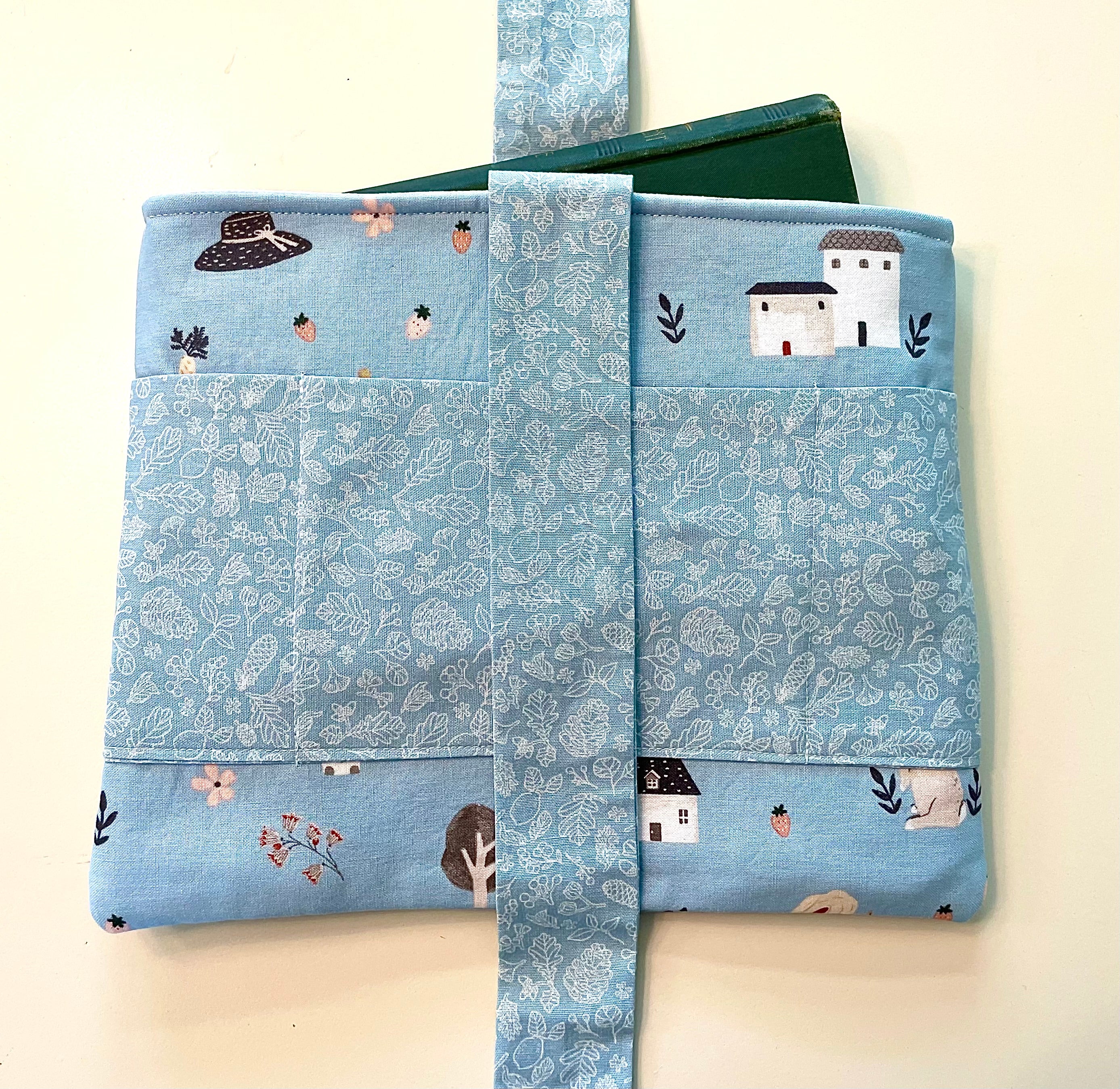 Book Sleeve/case- Hand Sewn with Front Pockets and Bow Closure