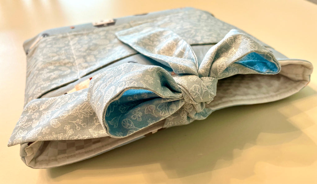 Book Sleeve/case- Hand Sewn with Front Pockets and Bow Closure