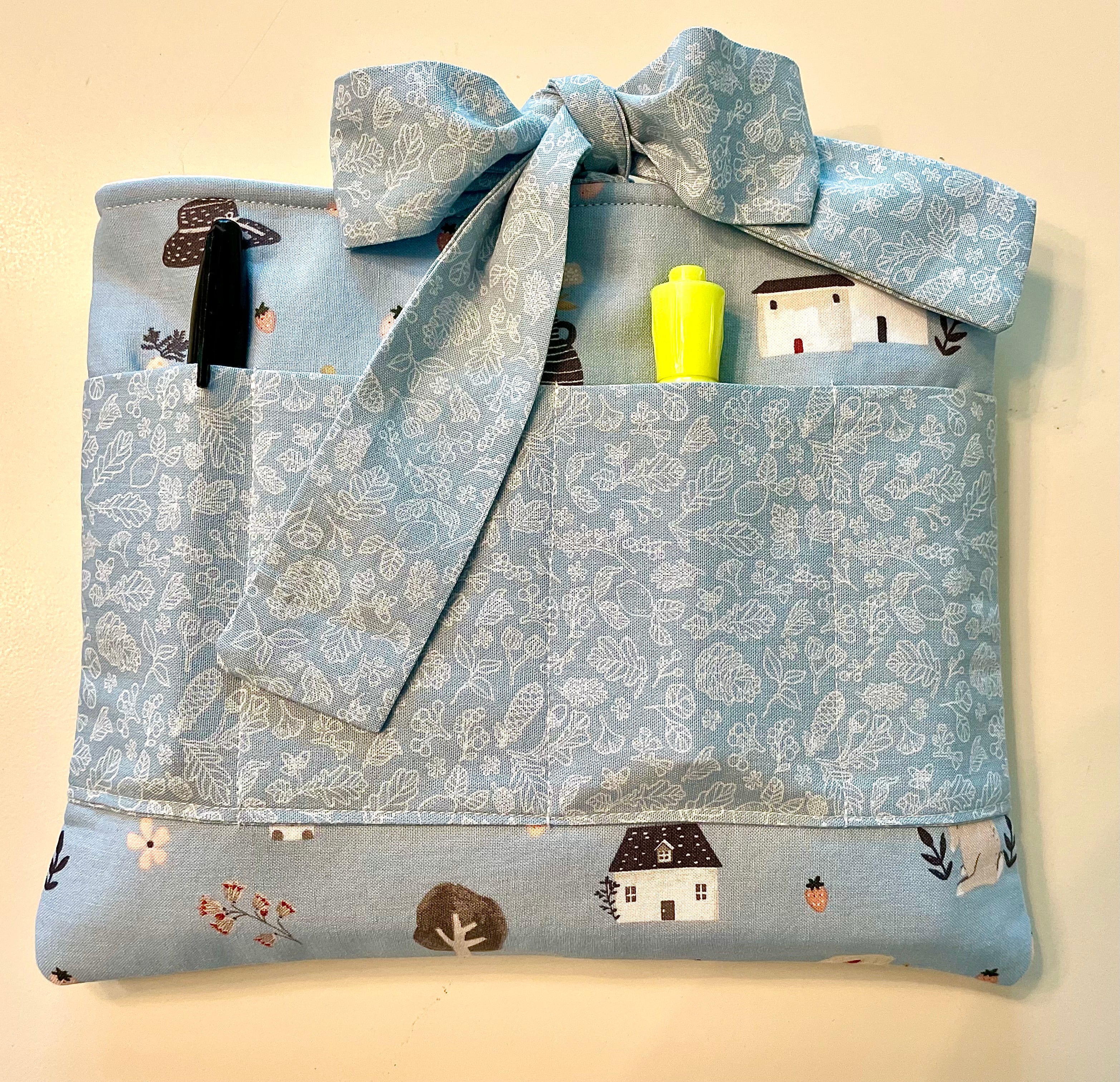 Book Sleeve/case- Hand Sewn with Front Pockets and Bow Closure