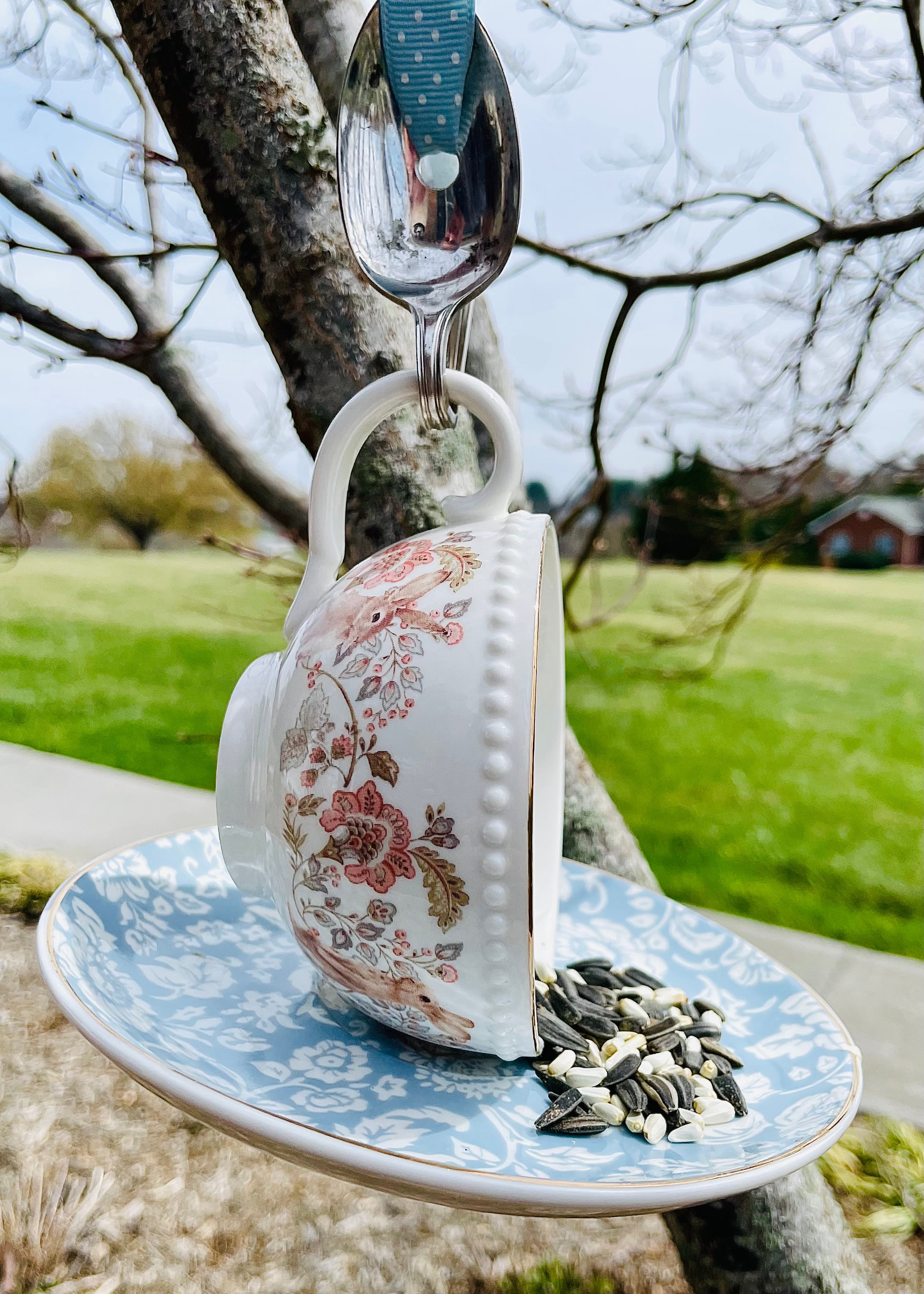 Tea Cup Bird Feeder with Vintage Spoon Hanger (Repurposed)