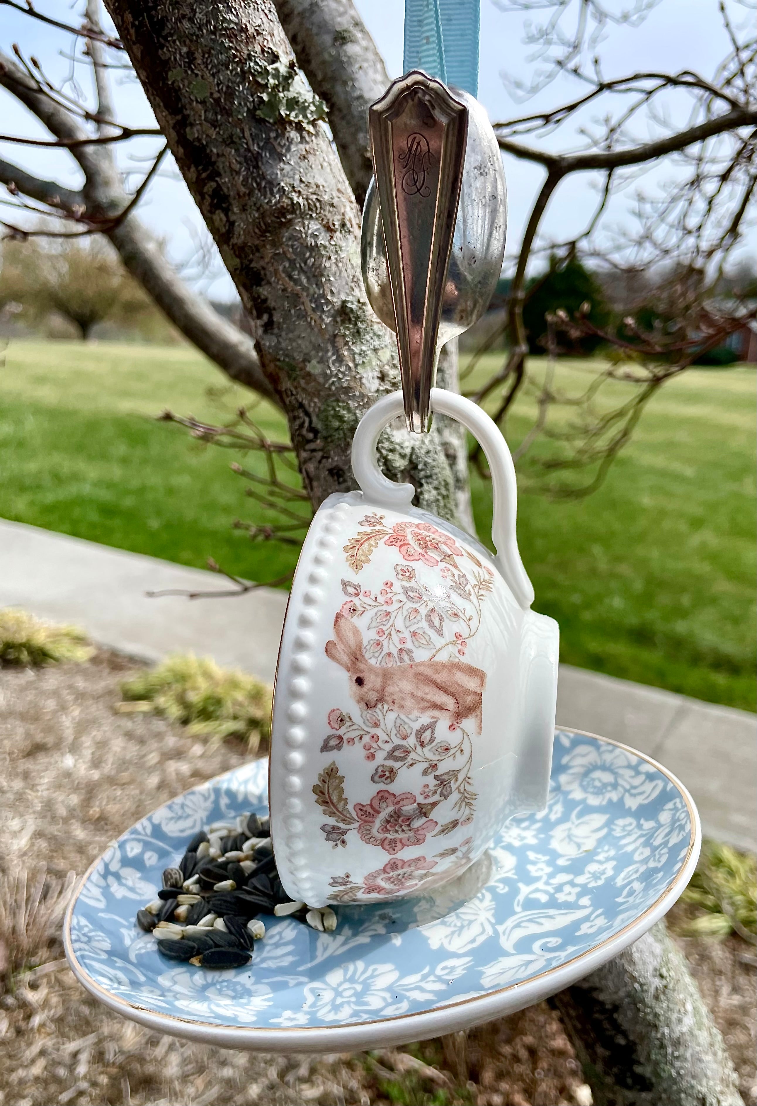 Tea Cup Bird Feeder with Vintage Spoon Hanger (Repurposed)