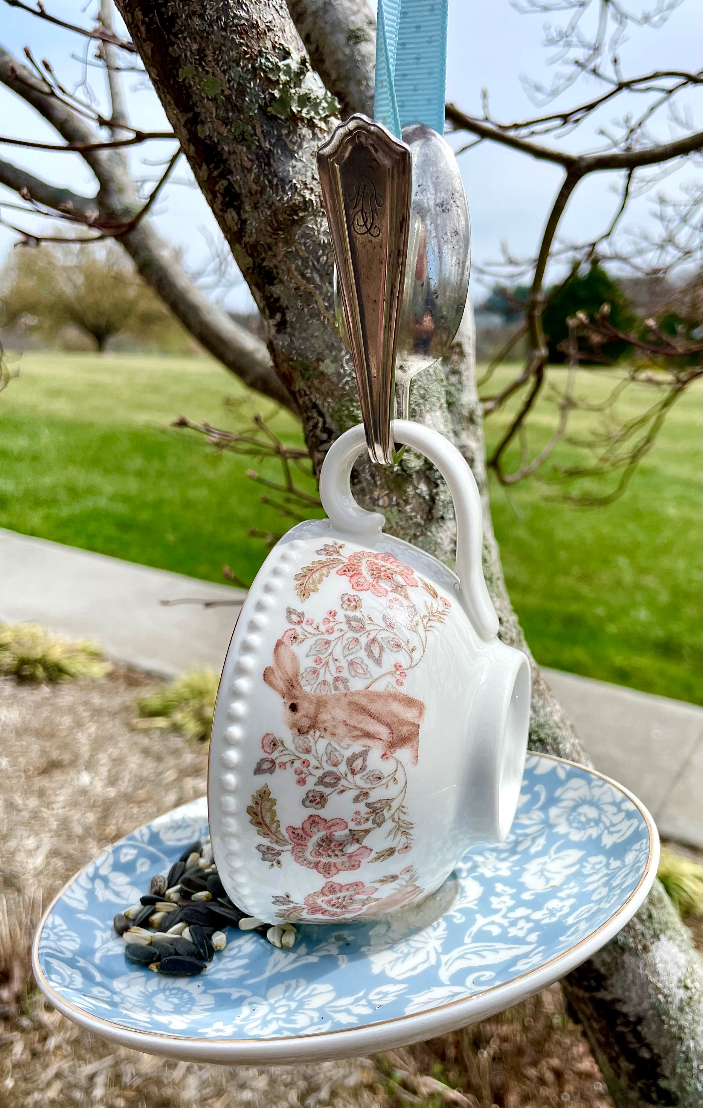 Tea Cup Bird Feeder with Vintage Spoon Hanger (Repurposed)