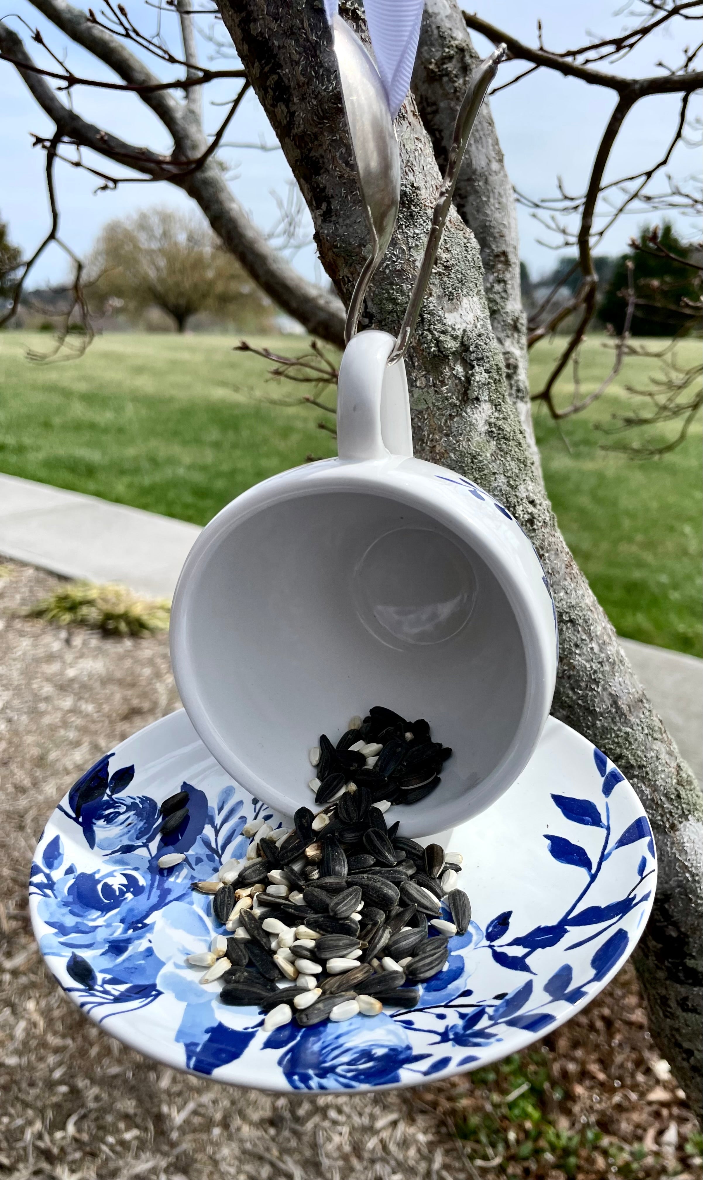 Teacup Bird Feeder with Vintage Bent Spoon Hanger (Repurposed)