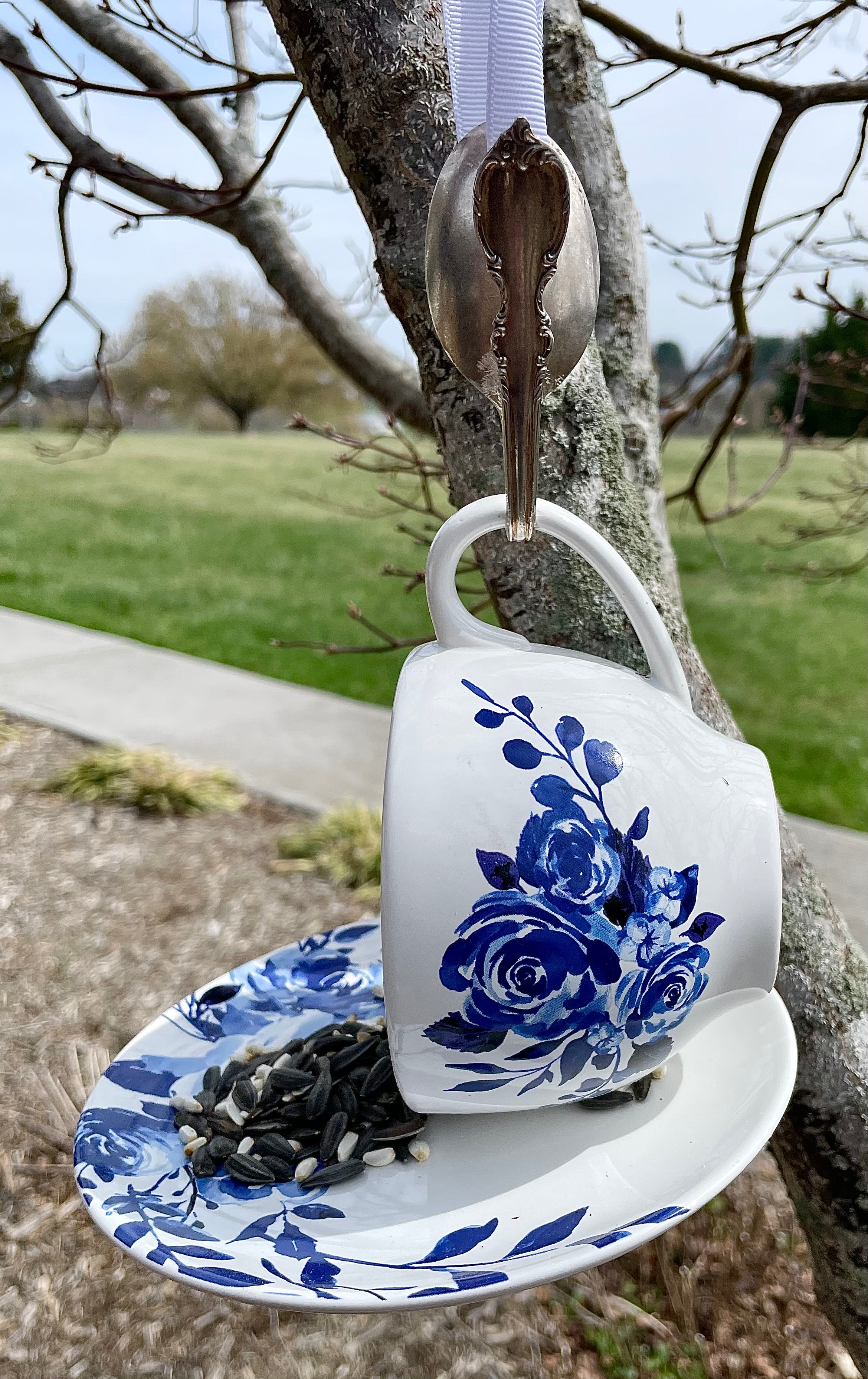 Teacup Bird Feeder with Vintage Bent Spoon Hanger (Repurposed)