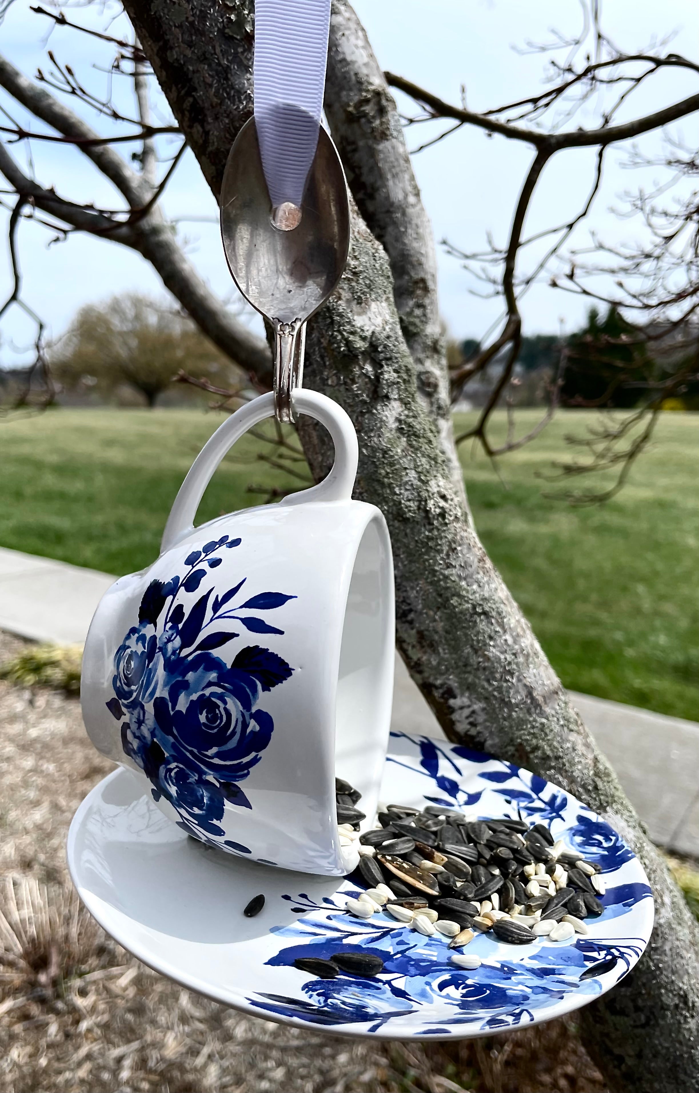 Teacup Bird Feeder with Vintage Bent Spoon Hanger (Repurposed)