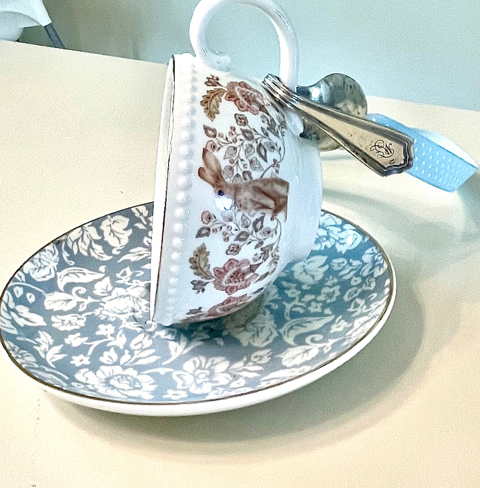 Tea Cup Bird Feeder with Vintage Spoon Hanger (Repurposed)