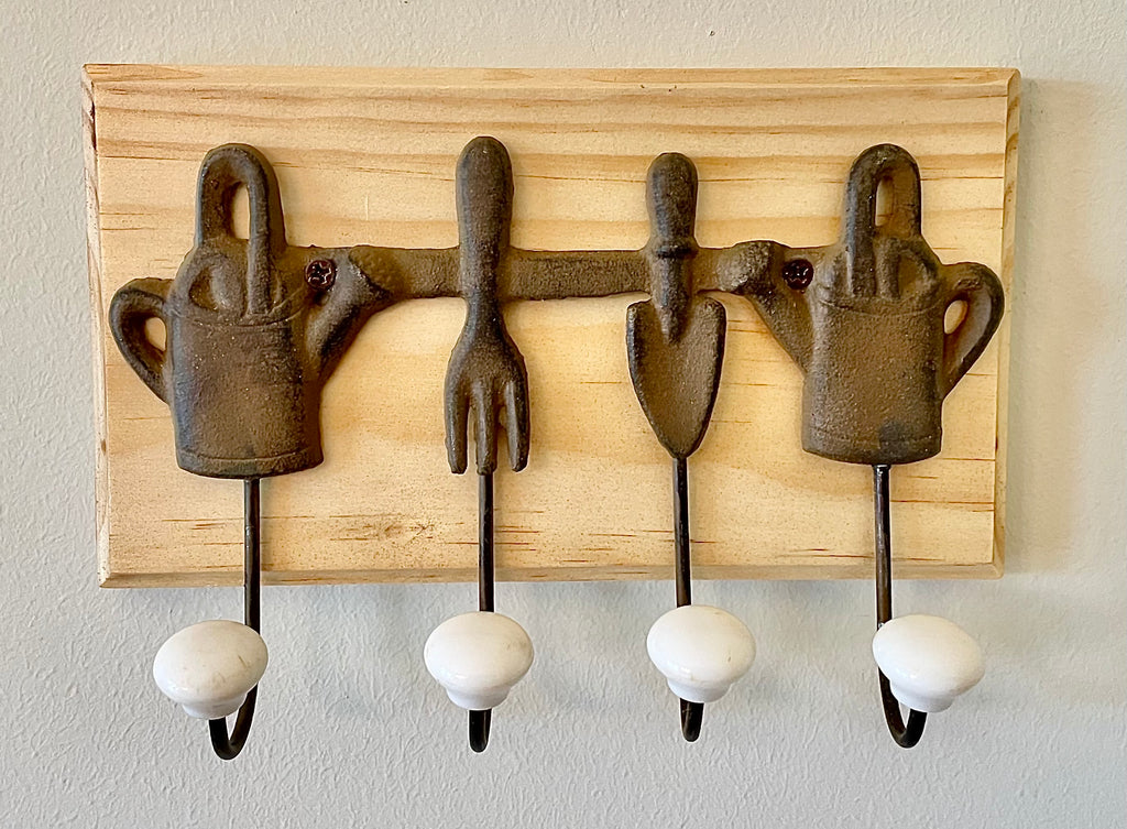 Vintage Cast Iron Gardening Tool Rack Mounted on Handcrafted Wood